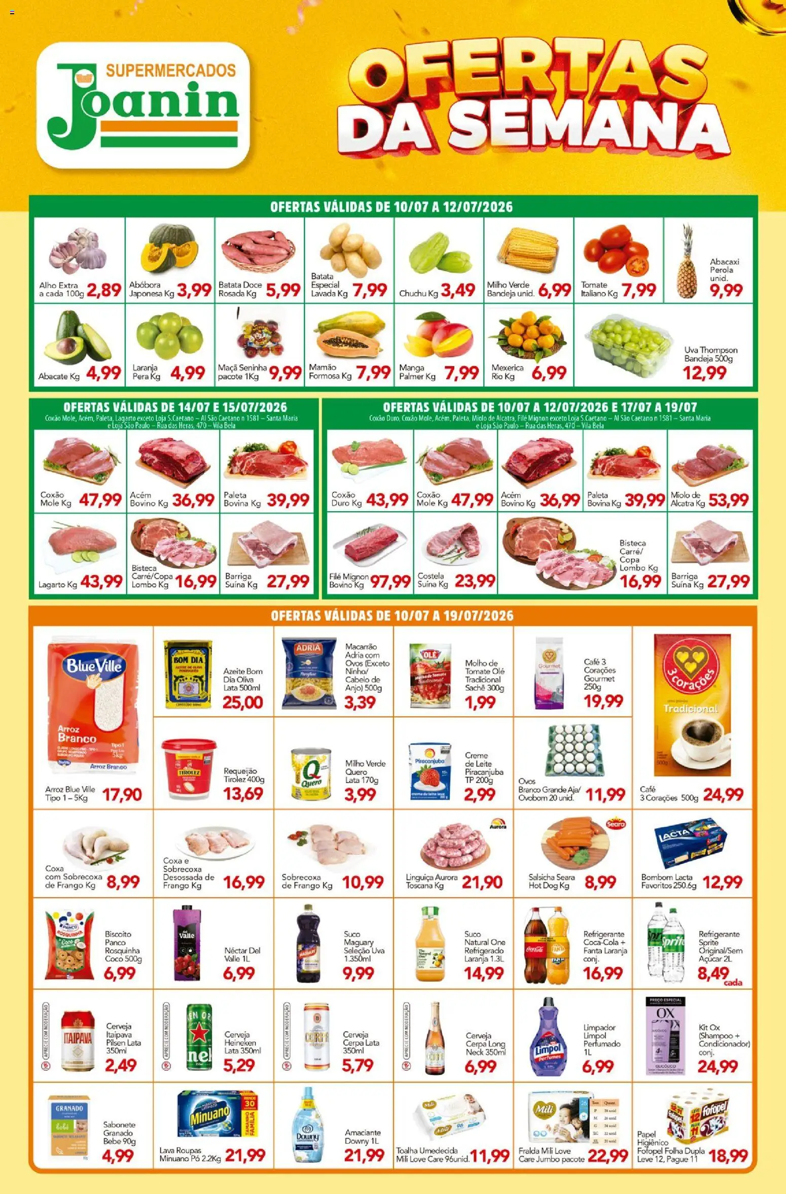 Supermercados Joanin Folheto - válido de 10/07/2026 | Página: 1 | Produtos: Acém, Mamão, Azeite, Requeijão