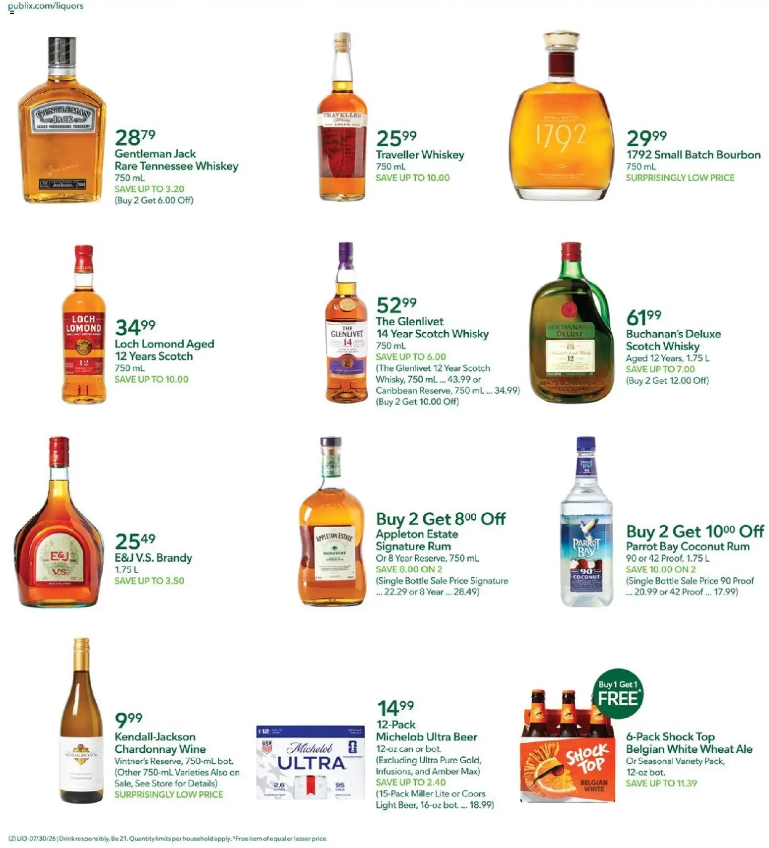 Publix Liquor Ad - valid from 07/30/2026 | Page: 2 | Products: Wine, Bourbon, Whiskey, Jacks
