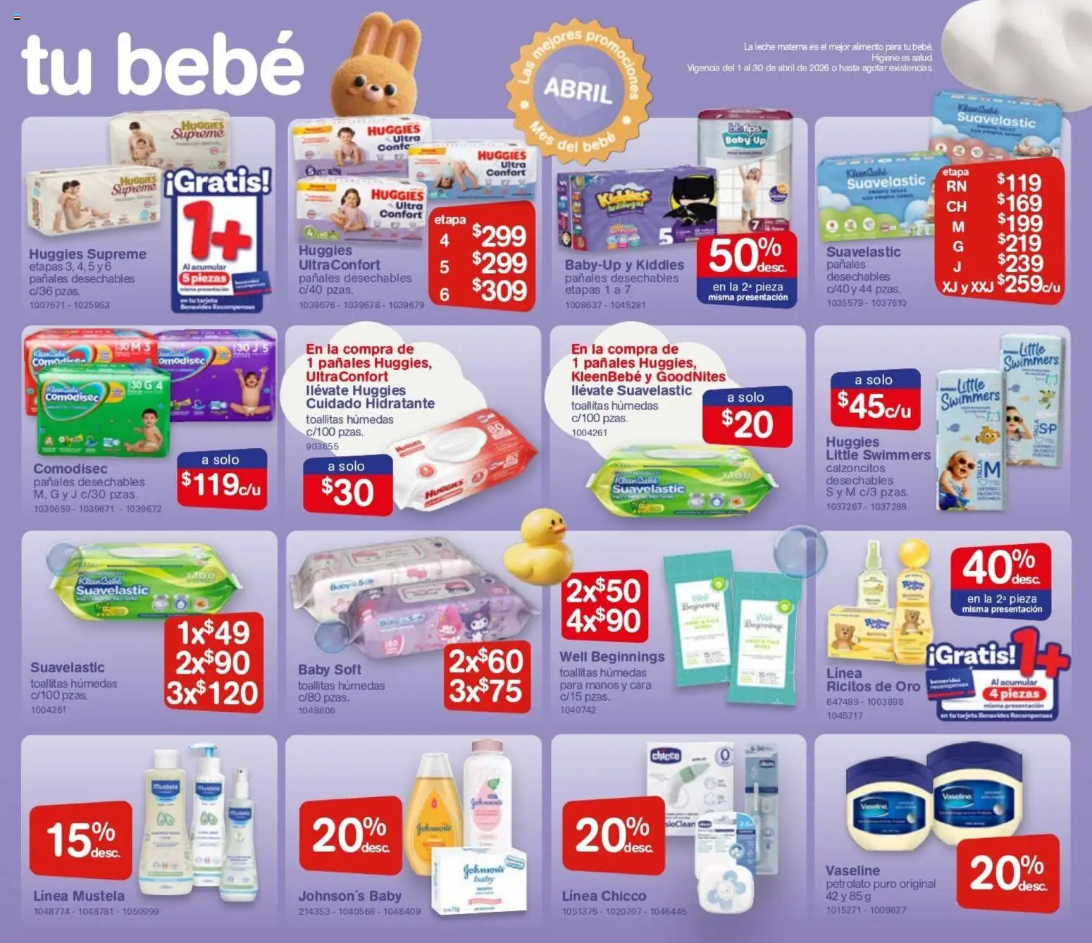 Nuevas ofertas de Farmacia Benavides válidas en toda la República Mexicana desde el 01.04.2026. ¡Encuentra las mejores ofertas en Farmacia Benavides catálogo! | Página: 17 | Productos: Toallitas húmedas, Leche, Pañales