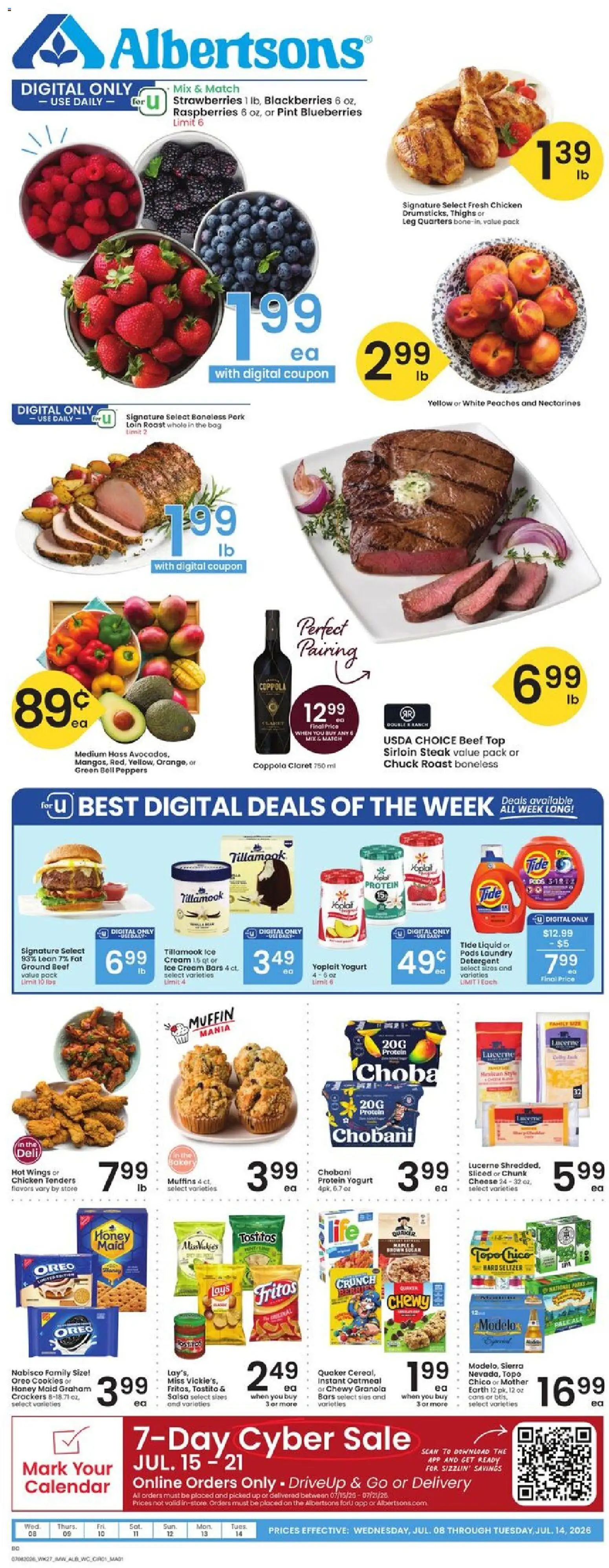 Albertsons Weekly Ad - valid from 07/08/2026 | Page: 1 | Products: Wc, Pork, Strawberries, Blueberries