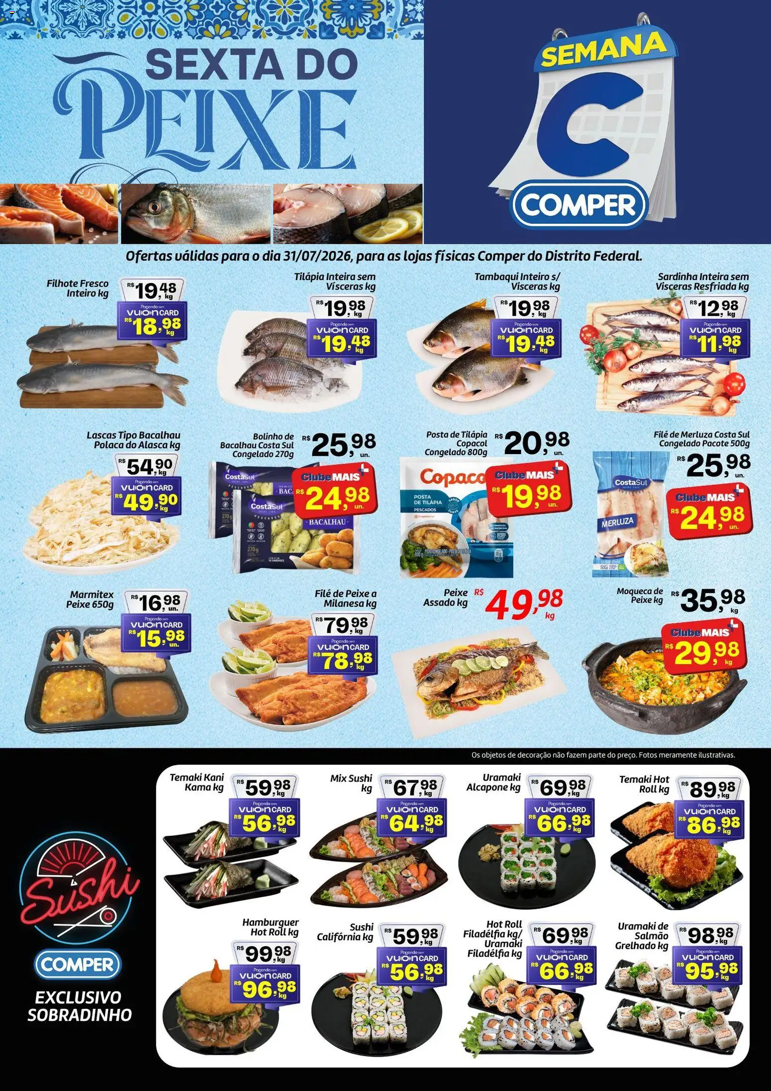 Comper Folheto - válido de 31/07/2026 | Página: 1 | Produtos: Salmão, Bacalhau, Tilápia, Hambúrguer