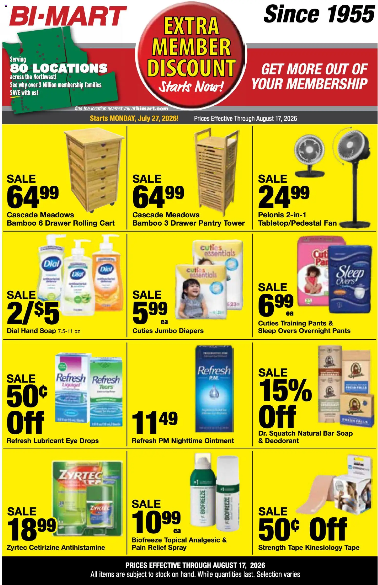 Bi-Mart Weekly Ad - valid from 07/27/2026 | Page: 15 | Products: Diapers, Soap, Eye drops, Pants