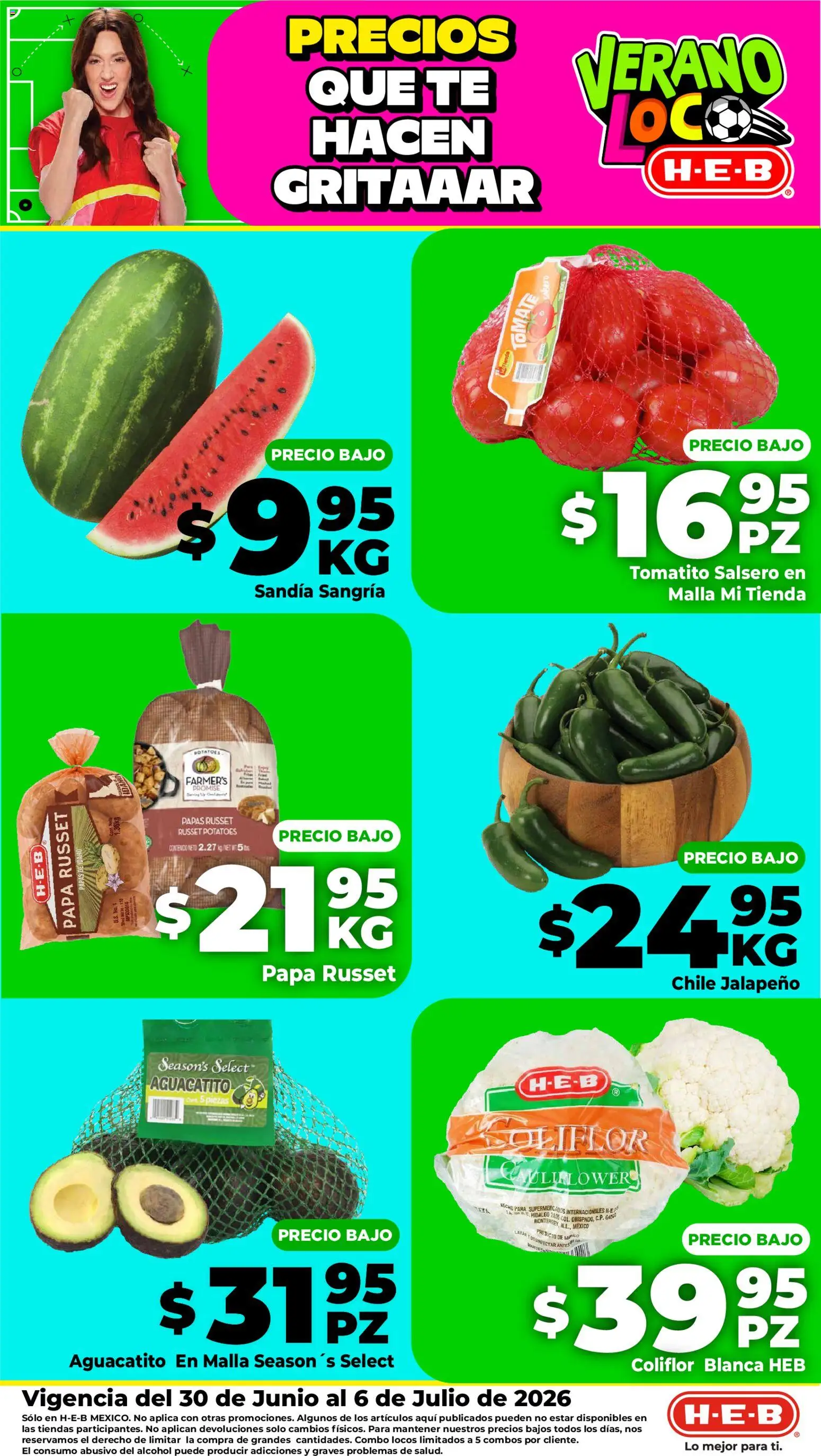 Nuevas ofertas de H-E-B válidas en toda la República Mexicana desde el 30/06/2026. ¡Encuentra las mejores ofertas en H-E-B folleto Fruta y venduras! | Página: 2 | Productos: Sandía, Coliflor, Tomate, Res