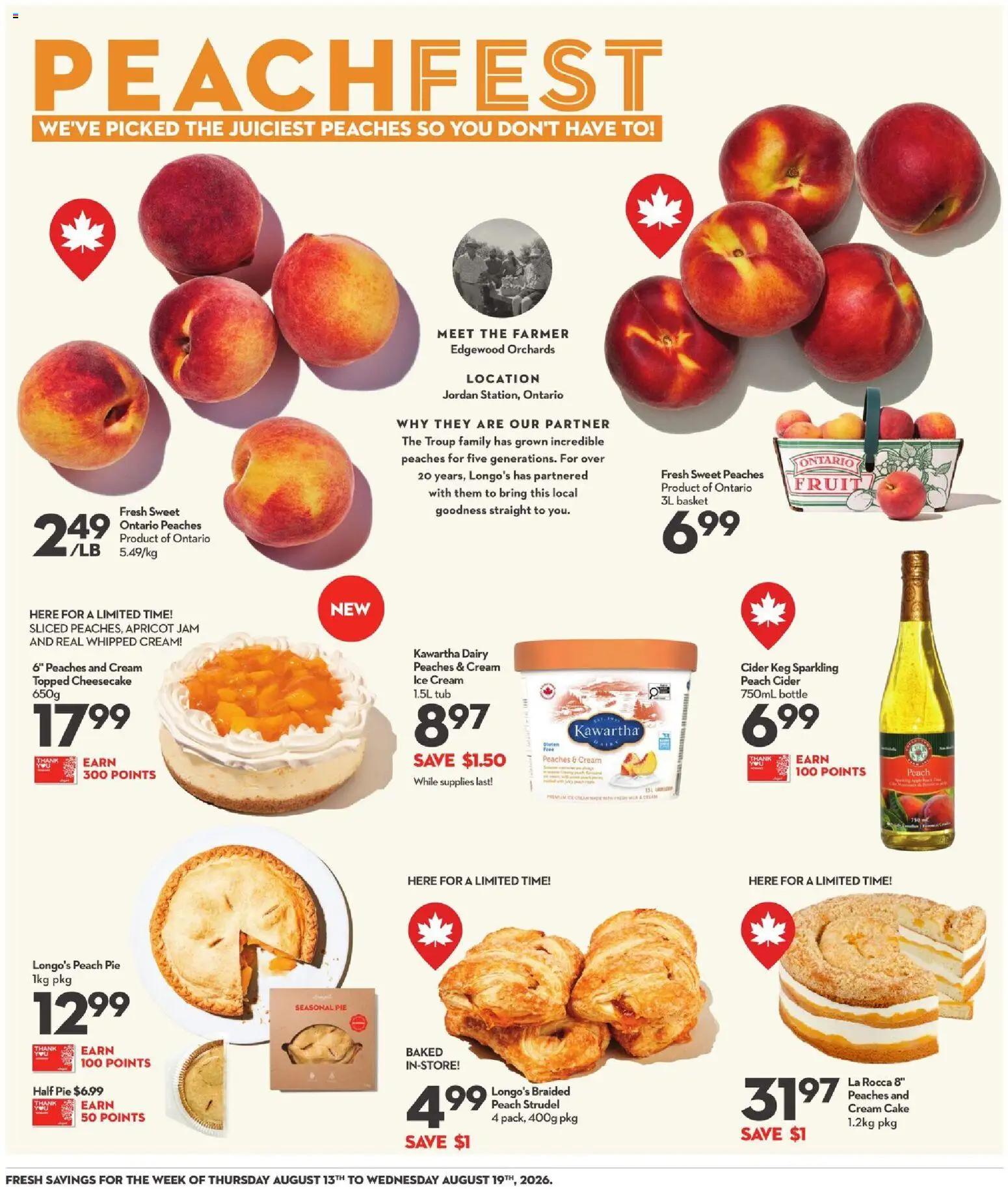 Longo's flyer valid from Aug 13, 2026 | Page: 12 | Products: Ice cream, Whipped cream, Peaches, Cake