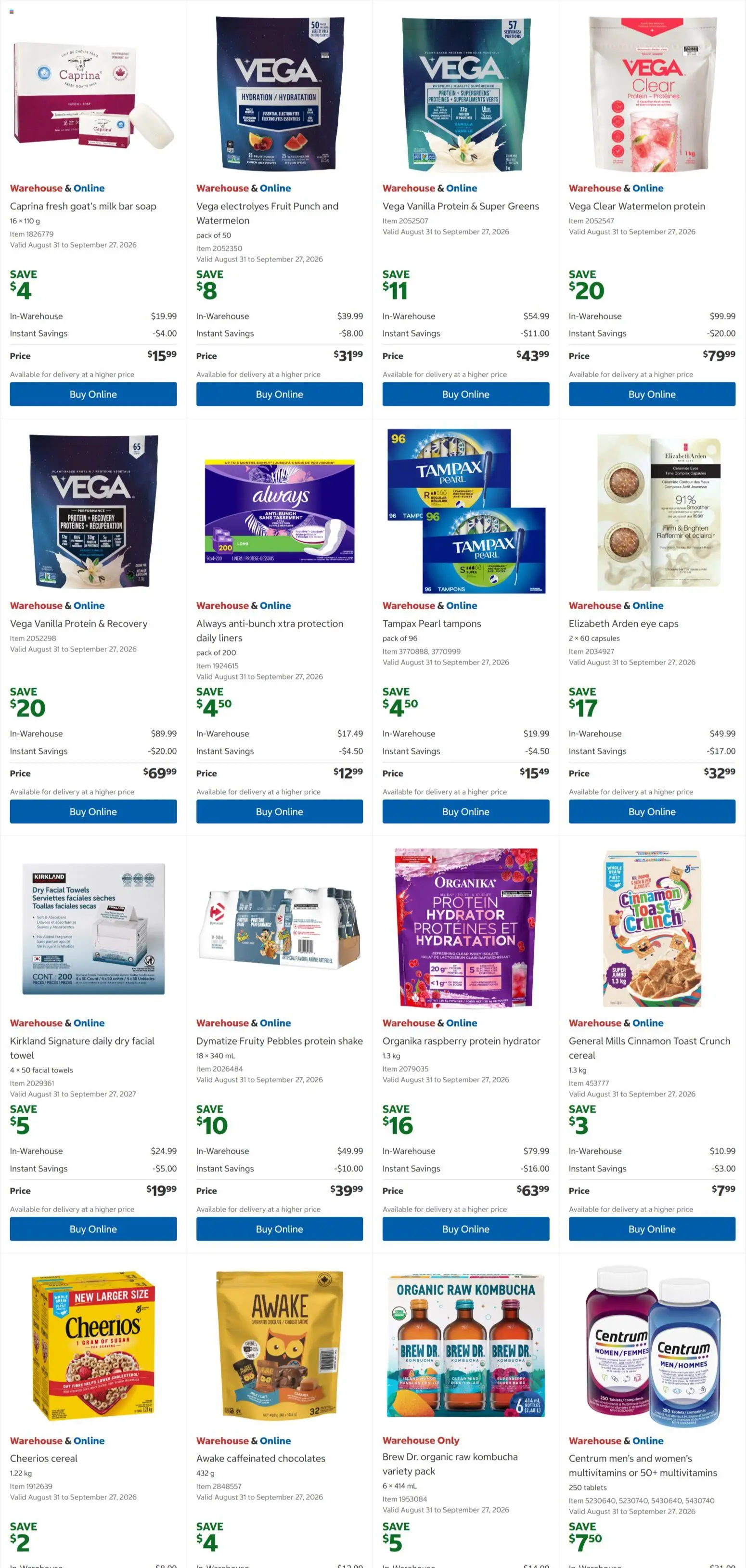 Costco flyer valid from Aug 31, 2026 | Page: 5 | Products: Tampons, Capsules, Chocolate, Protein
