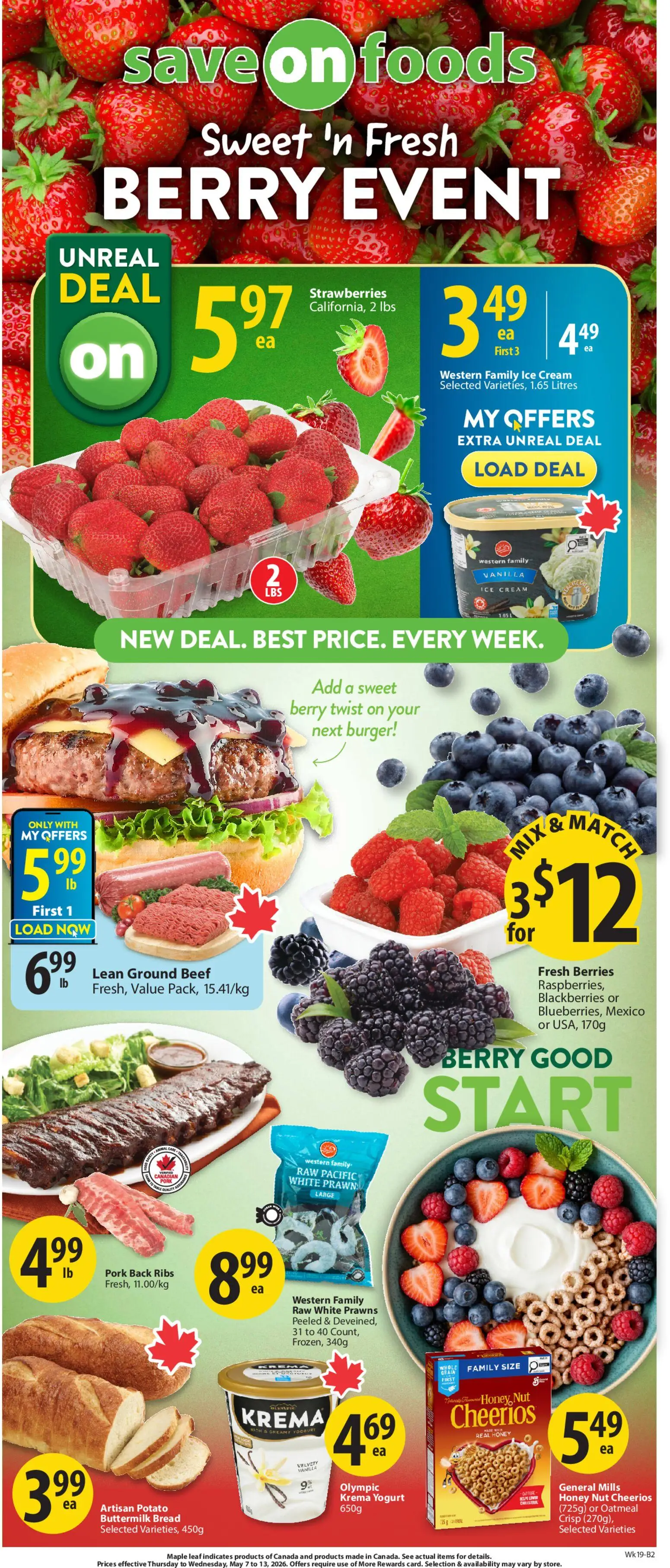 Save on foods flyer valid from 07.05.2026 | Page: 2 | Products: Beef, Ice cream, Yogurt, Pork
