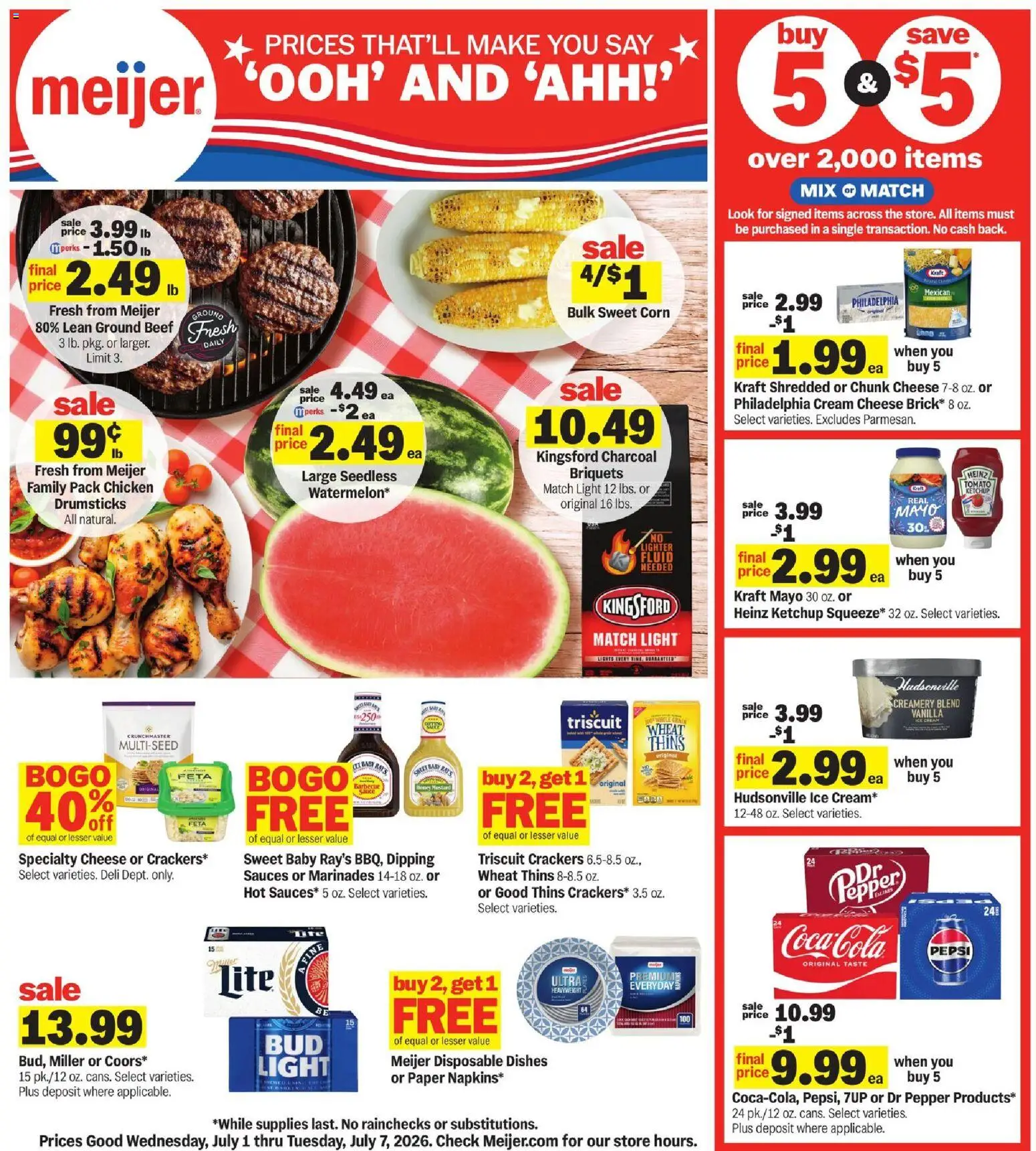 Meijer Weekly Ad - valid from 07/01/2026 | Page: 1 | Products: Cheese, Beef, Ketchup, Cream