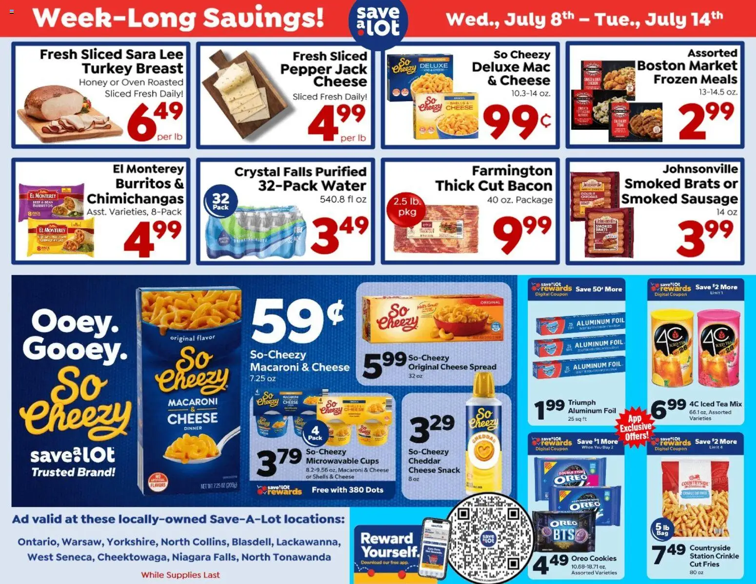 Save a Lot Ad - valid from 07/08/2026 | Page: 1 | Products: Cheese, Cookies, Water, Oven