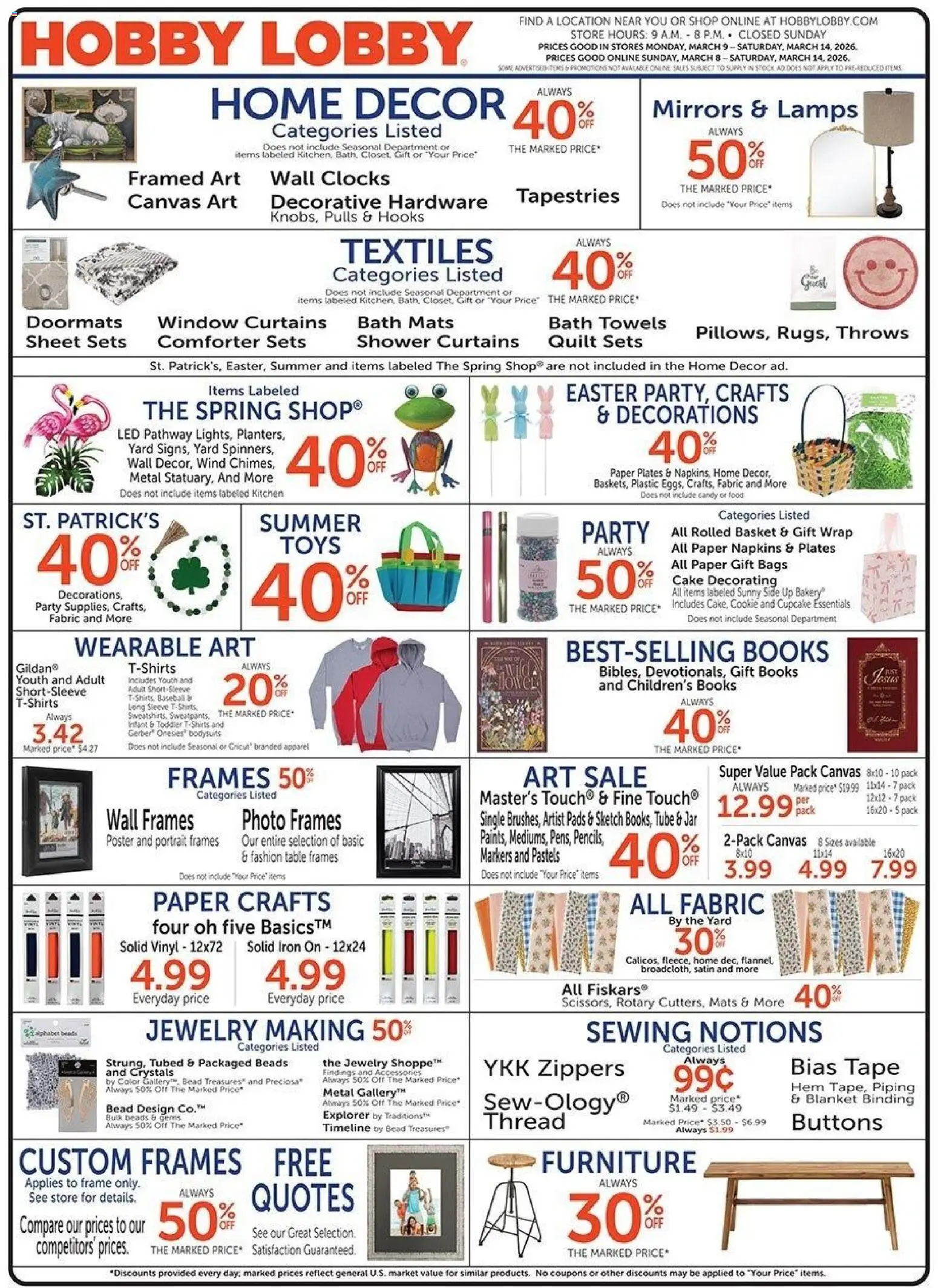 Hobby Lobby Weekly Ad - valid from 08.03.2026 | Page: 1 | Products: Bakery, Blanket, Bath, Shower