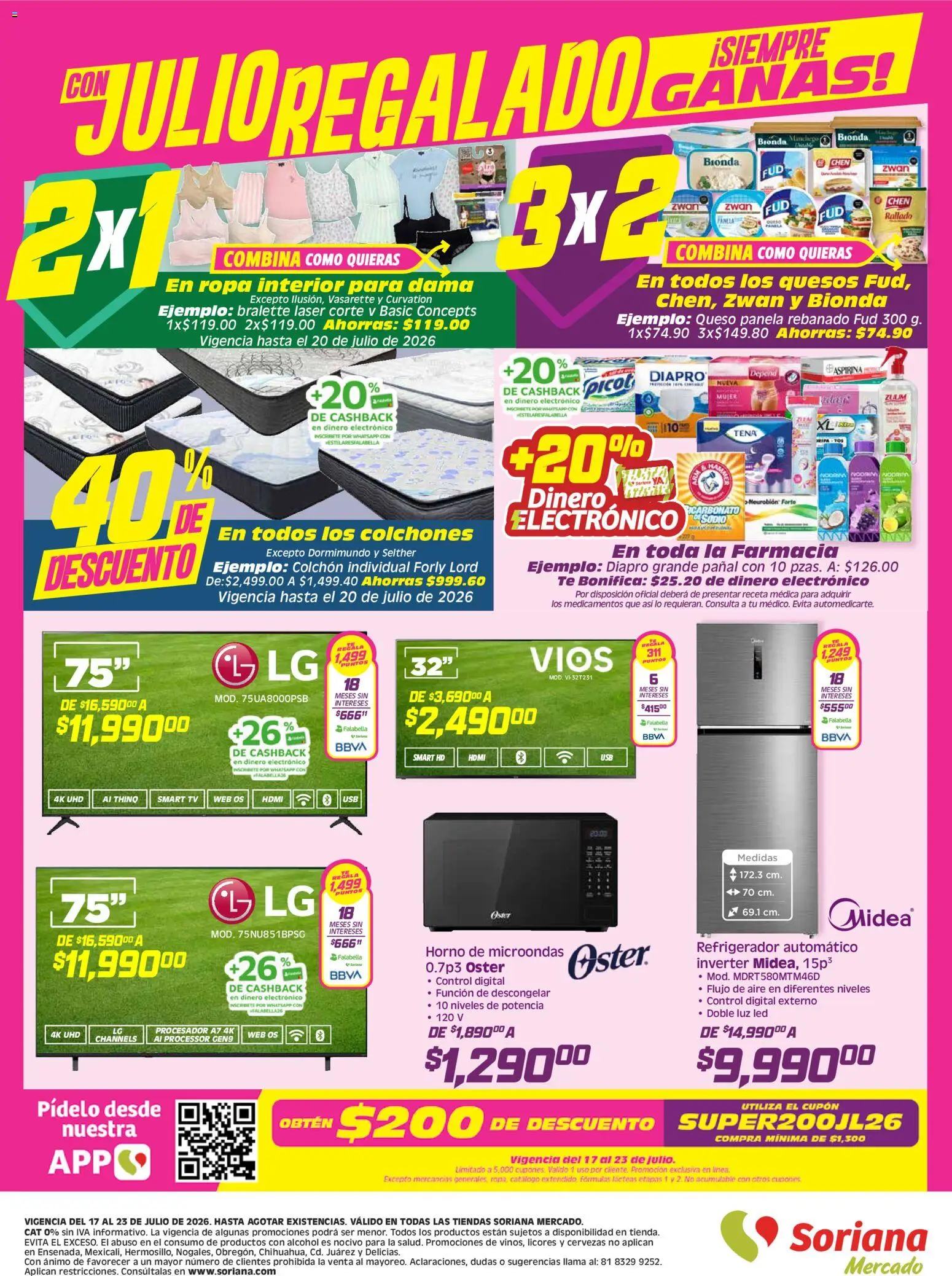 Nuevas ofertas de Soriana válidas en toda la República Mexicana desde el 17/07/2026. ¡Encuentra las mejores ofertas en Soriana Julio Regalado Mercado Nacional! | Página: 8 | Productos: Refrigerador, Horno, Queso, Ropa interior