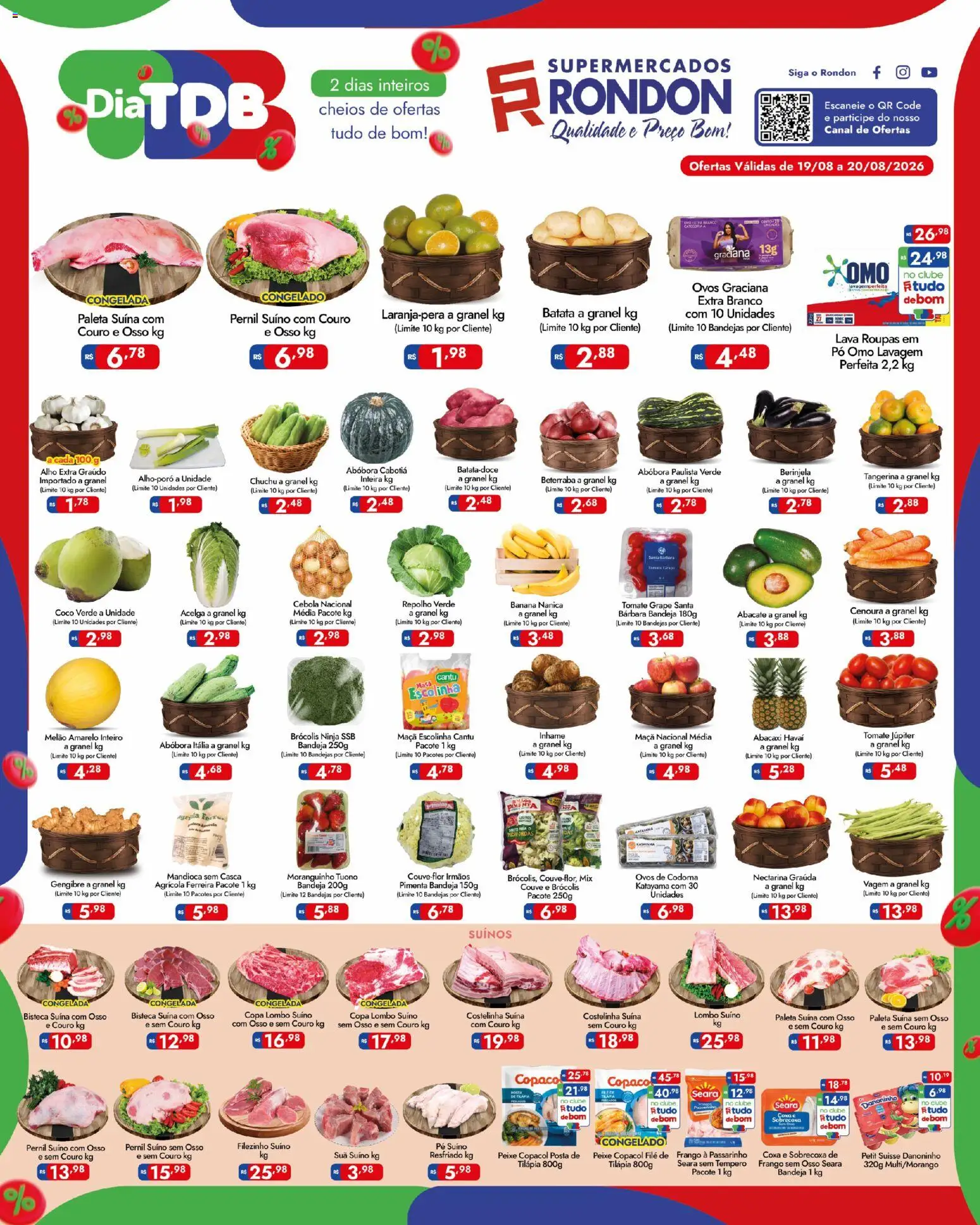 Supermercados Rondon Folheto - válido de 19/08/2026 | Página: 1 | Produtos: Alho, Cebola, Filé de frango, Pernil suíno