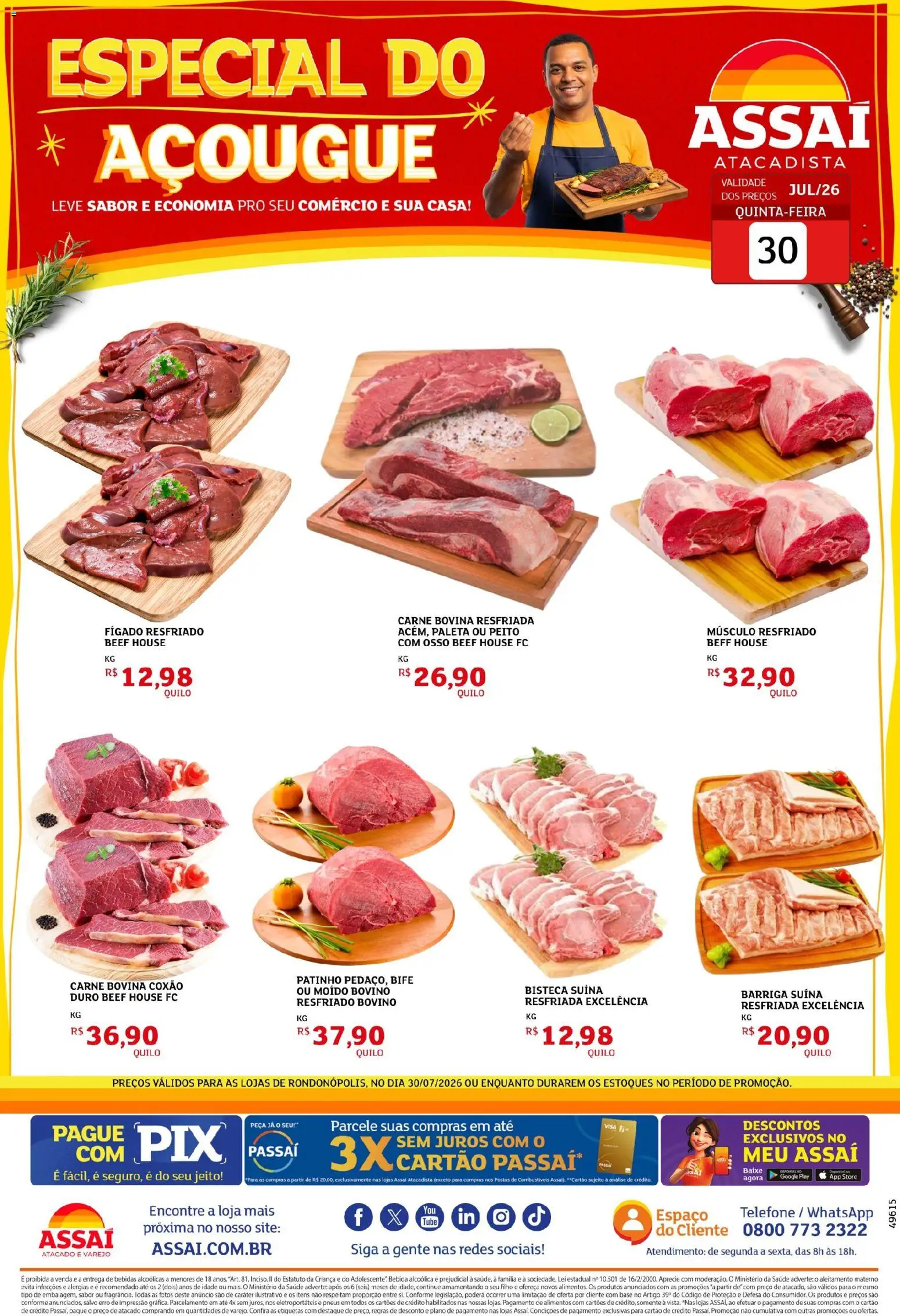 Assaí Atacadista Folheto - válido de 30/07/2026 | Página: 1 | Produtos: Pneus, Base, Carne, Telefone