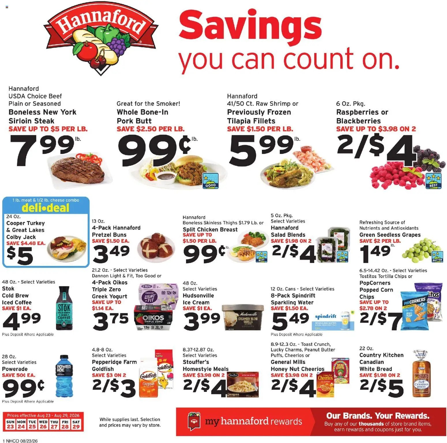 Hannaford Weekly Ad - valid from 08/23/2026 | Page: 1 | Products: Tilapia, Tortilla chips, Seedless grapes, Frozen raspberries