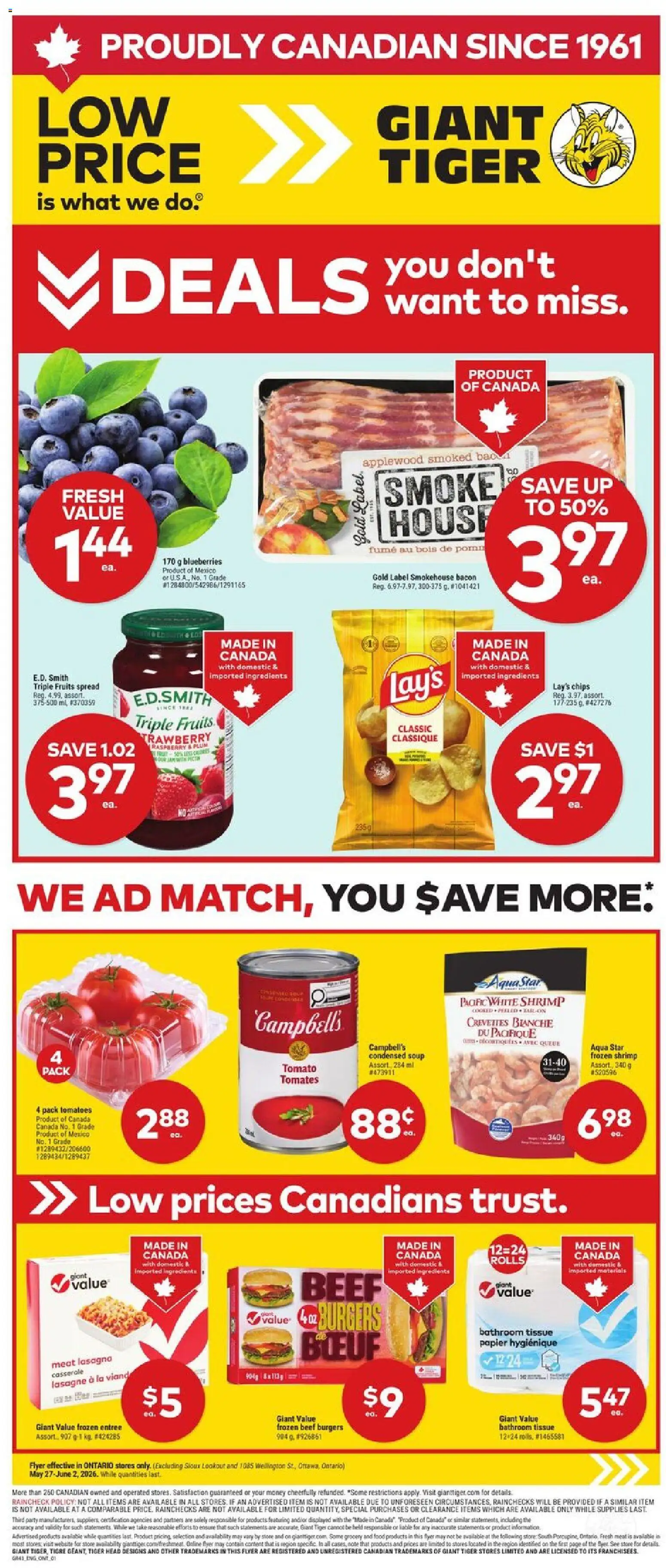 Giant Tiger flyer valid from 27.05.2026 | Page: 1 | Products: Beef, Chips, Tomatoes