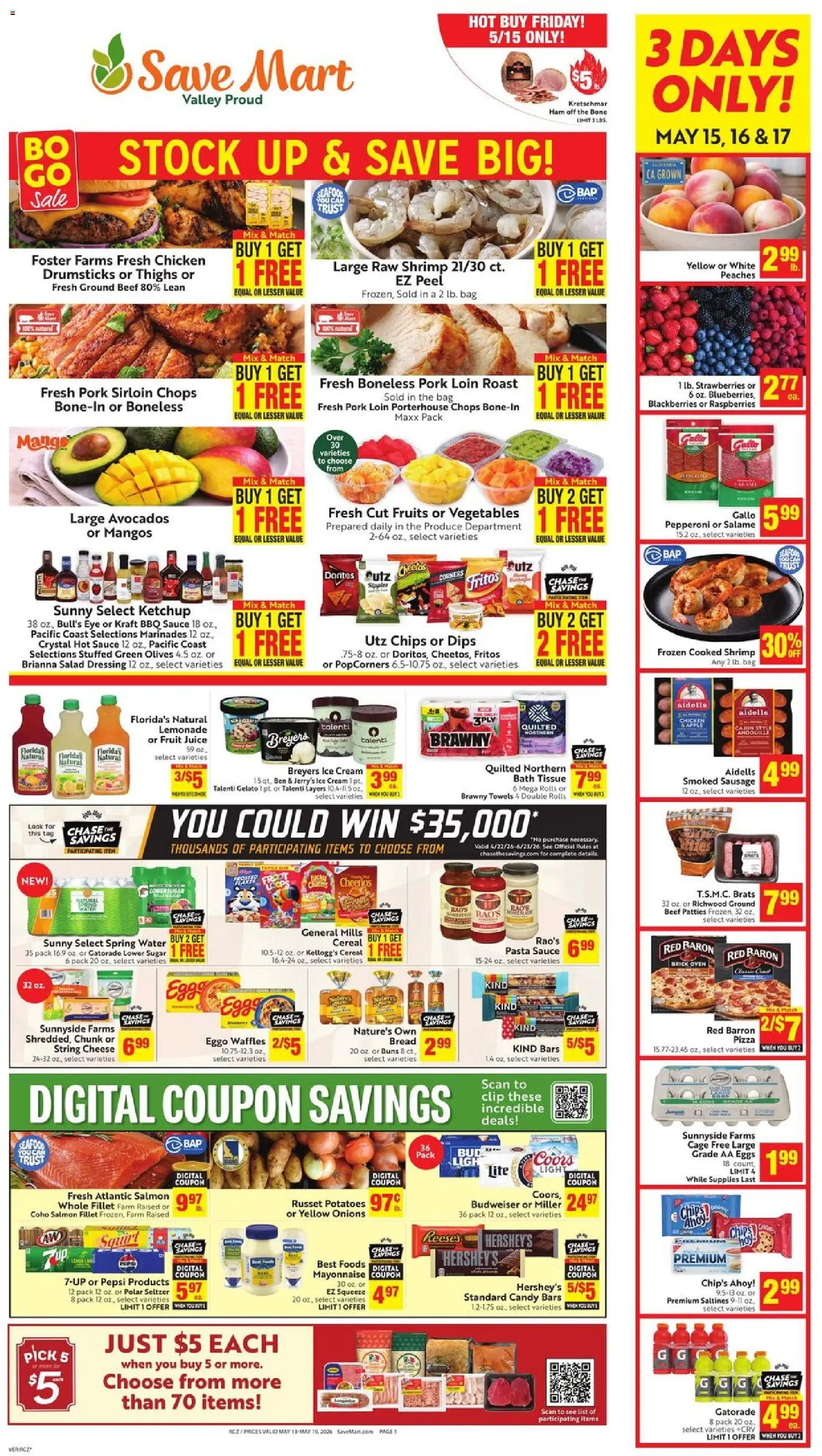 Save Mart Weekly - CA - valid from 13.05.2026 | Page: 1 | Products: Ham, Juice, Potatoes, Bag