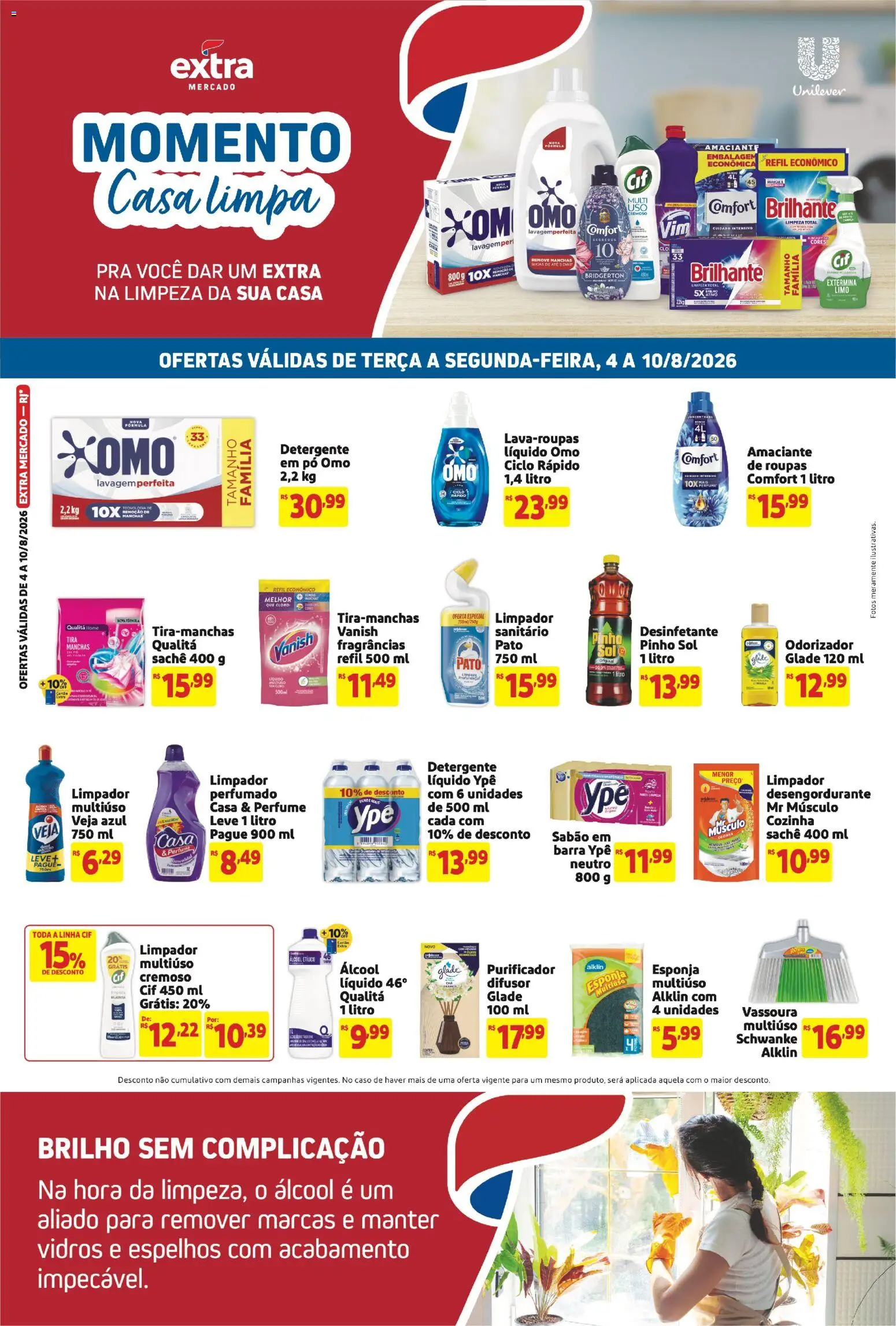 Extra Folheto - válido de 04/08/2026 | Página: 1 | Produtos: Cloro, Desengordurante, Amaciante de roupas, Amaciante