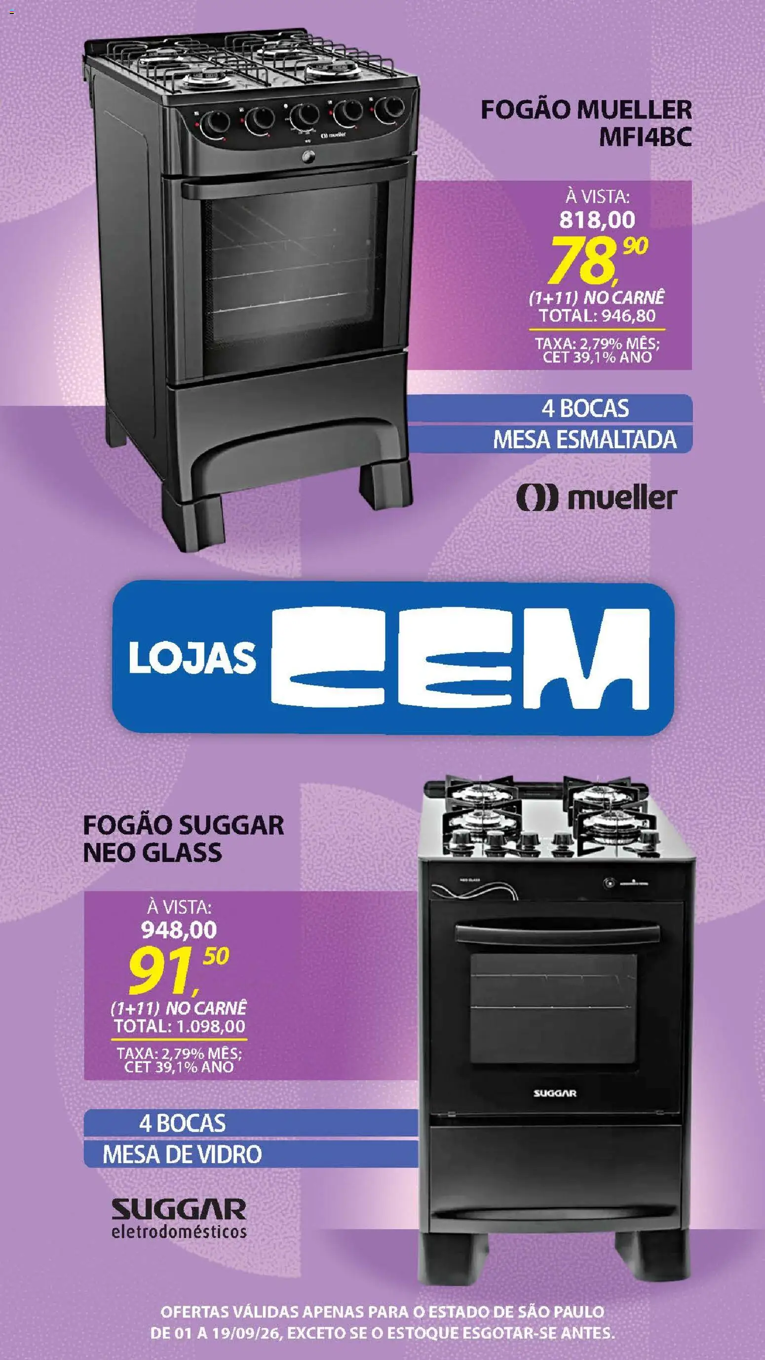 Lojas Cem Folheto - válido de 01/09/2026 | Página: 52 | Produtos: Fogão, Mesa, Carne, Eletrodomésticos