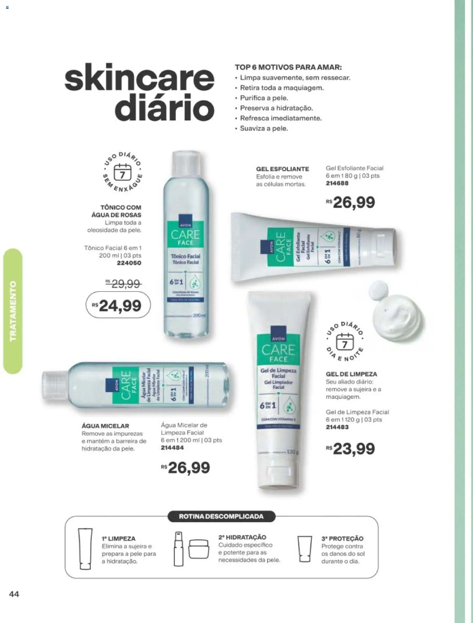 Avon Folheto - válido de 29/06/2026 | Página: 44 | Produtos: Tônico, Água micelar, Gel de limpeza