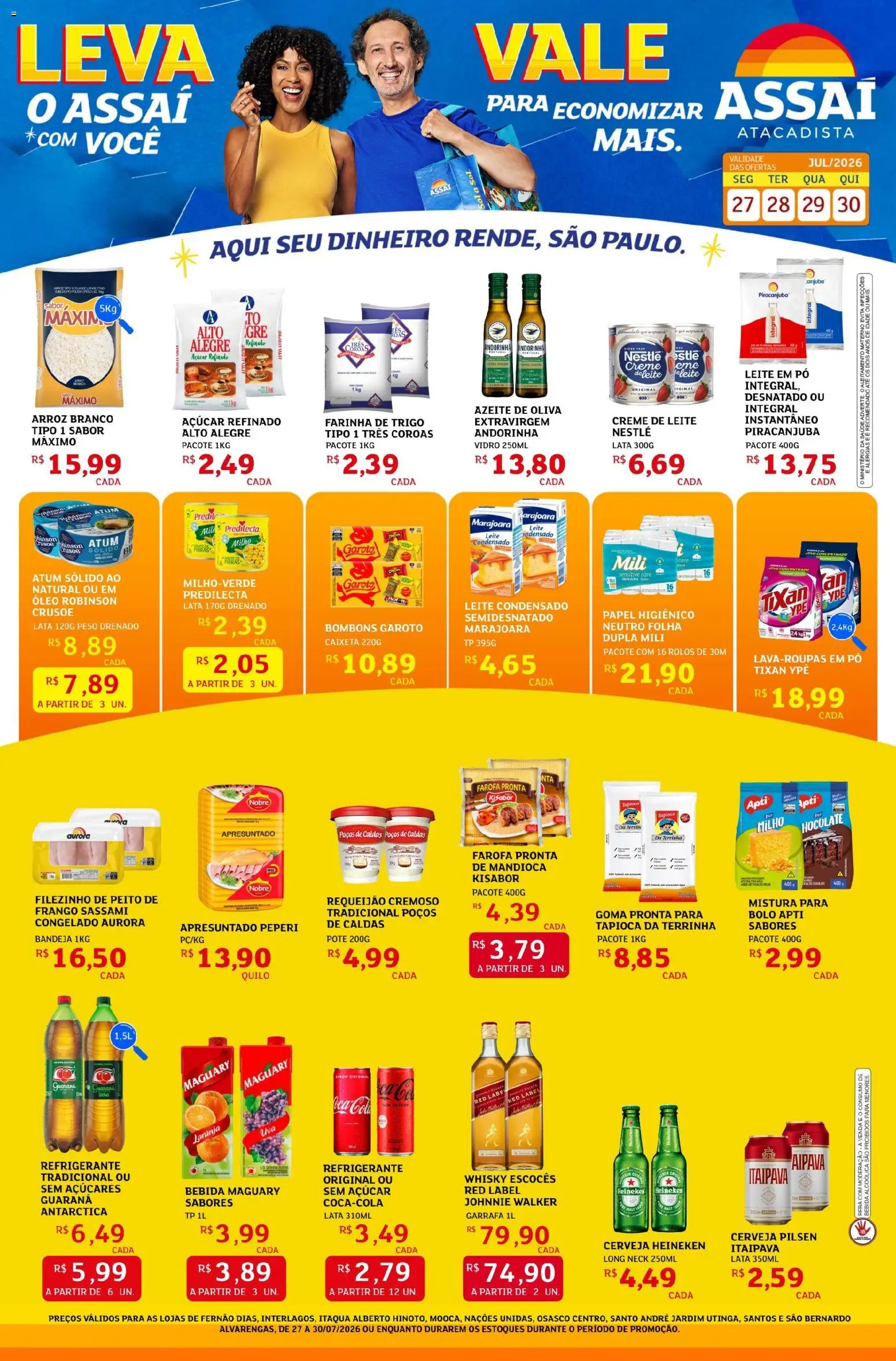 Assaí Atacadista Folheto - válido de 27/07/2026 | Página: 1 | Produtos: Guaraná, Arroz, Farofa, Requeijão
