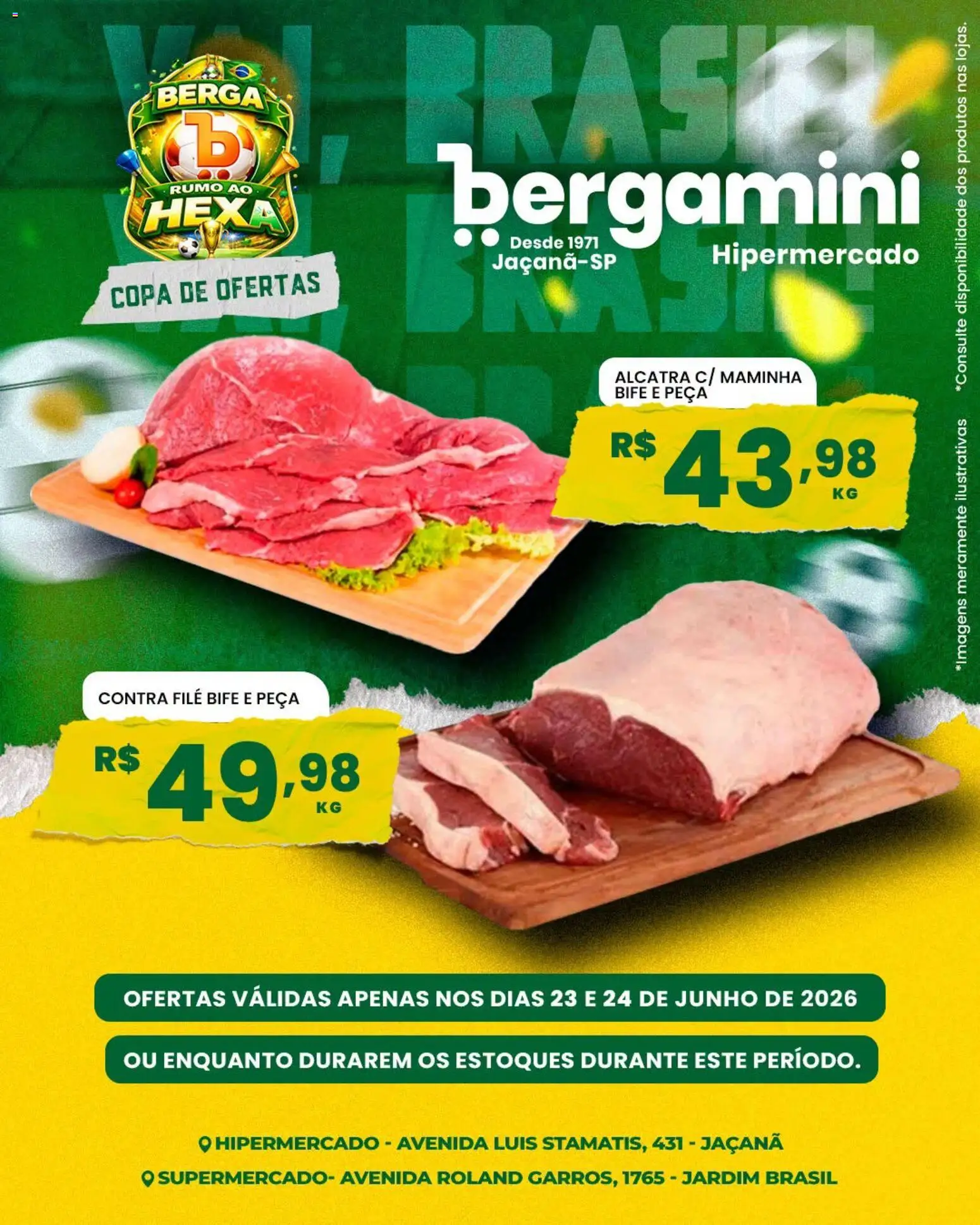 Supermercado Bergamini Folheto - válido de 23/06/2026 | Página: 1 | Produtos: Alcatra, Contra filé, Maminha, Copa