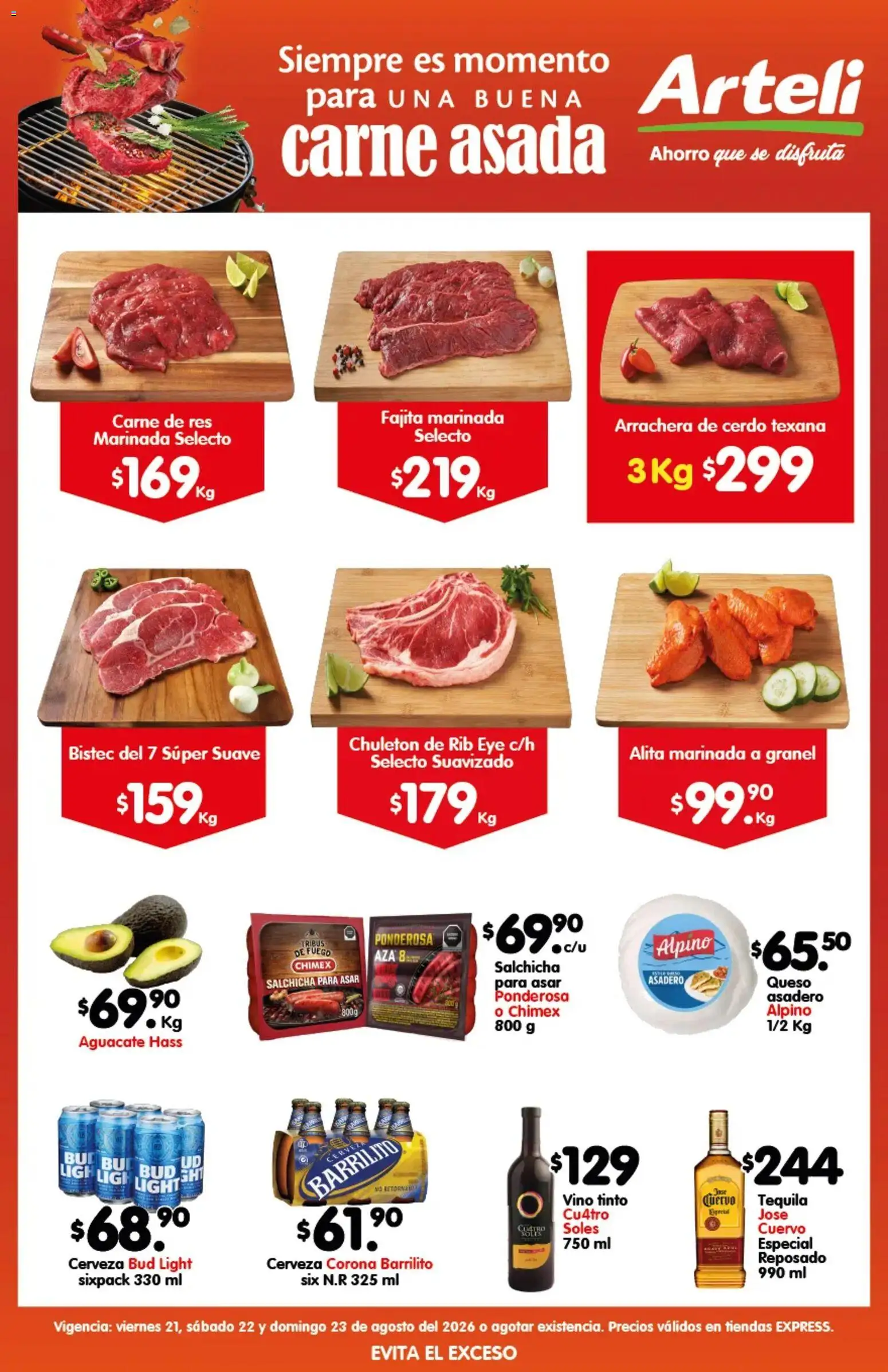 Nuevas ofertas de Arteli válidas en toda la República Mexicana desde el 21/08/2026. ¡Encuentra las mejores ofertas en Arteli folleto Carnita Asada Expres! | Página: 1 | Productos: Bistec, Vino tinto, Cerveza Corona, Vino