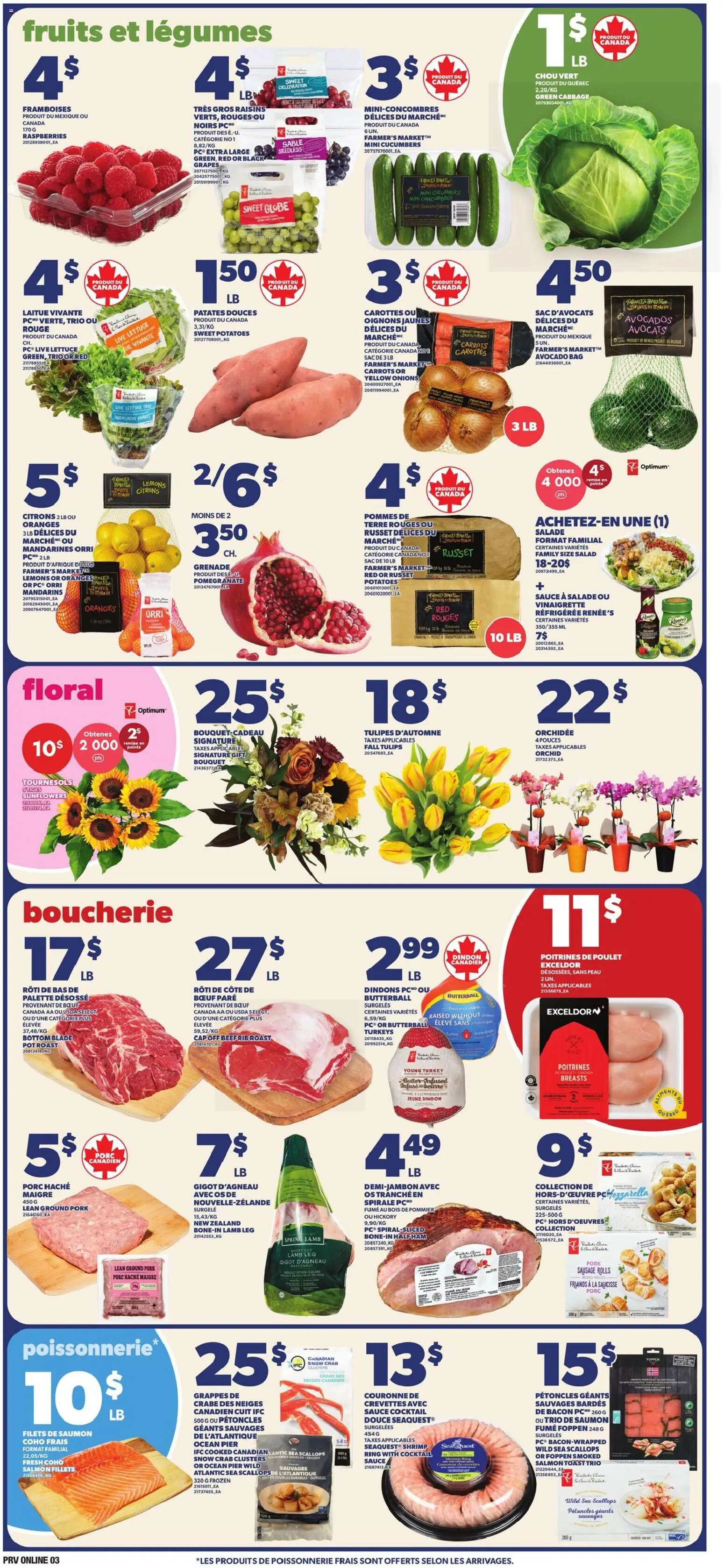 Provigo flyer valid from Oct 1, 2026 | Page: 3 | Products: Potatoes, Raspberries, Cabbage, Grapes