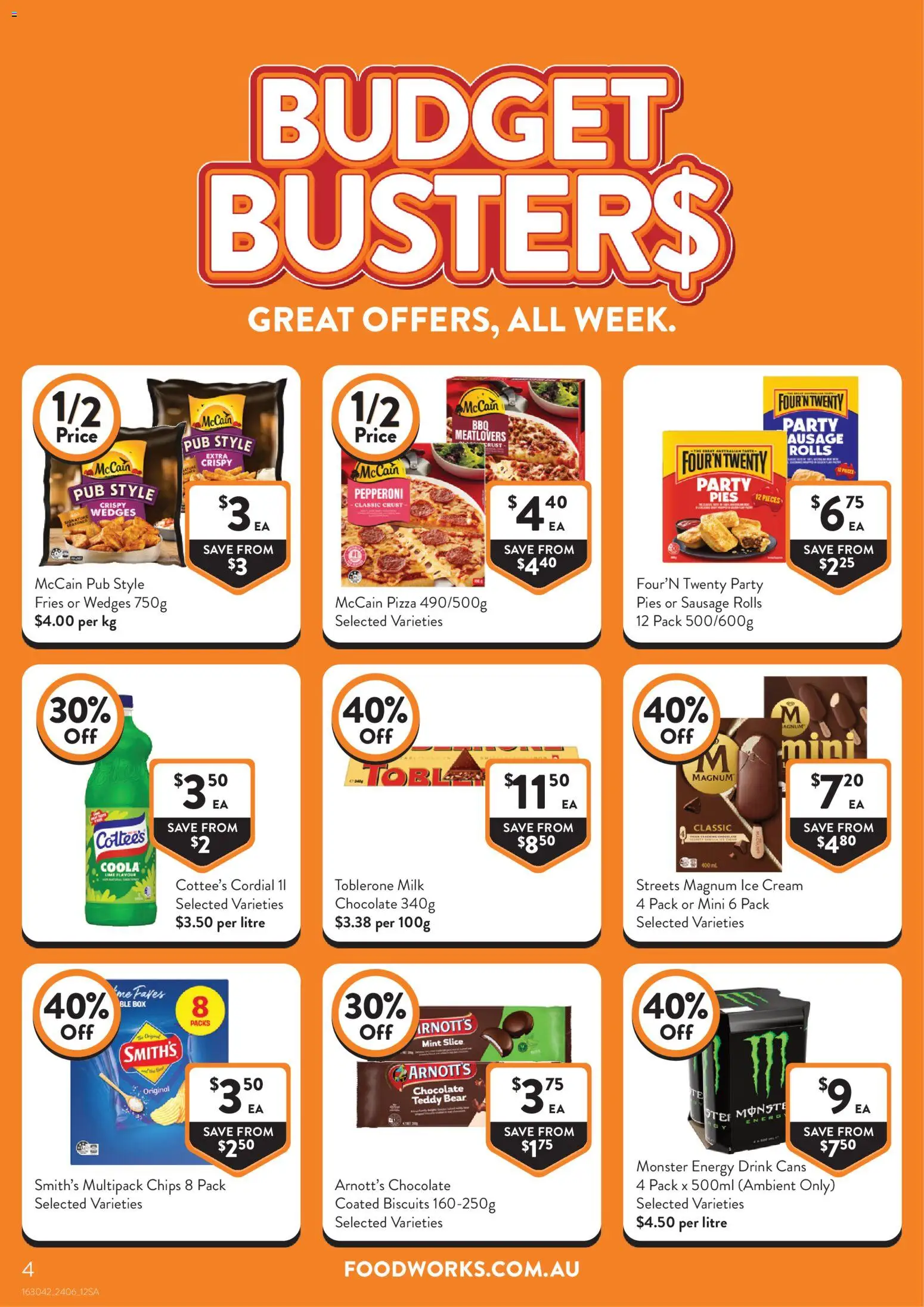 Foodworks catalogue - valid from 24/06/2026 | Page: 4 | Products: Chocolate, Pizza, Biscuits, Pies