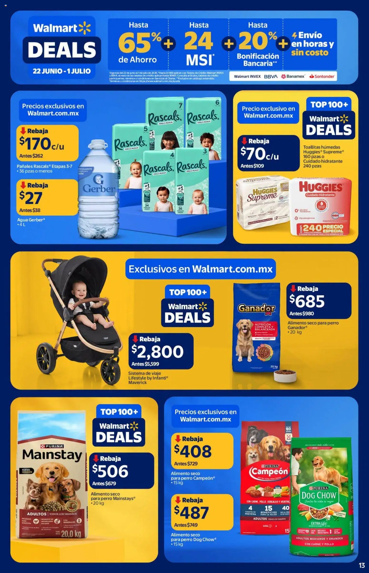 Nuevas ofertas de Walmart válidas en toda la República Mexicana desde el 22/06/2026. ¡Encuentra las mejores ofertas en Walmart folleto Deals! | Página: 13 | Productos: Pollo, Cereales, Pañales, Top