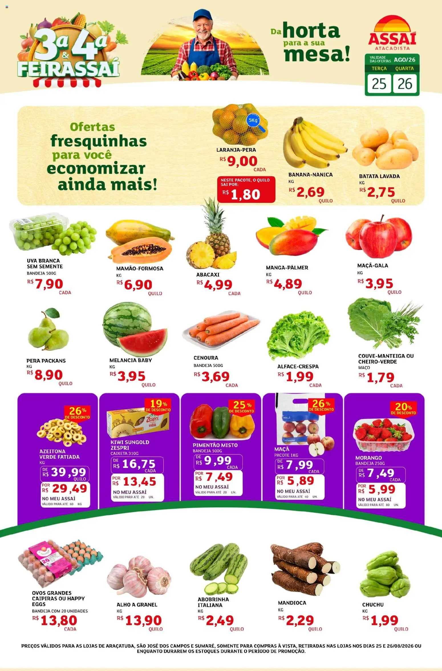 Assaí Atacadista Folheto - válido de 25/08/2026 | Página: 1 | Produtos: Pera, Chuchu, Mandioca, Cenoura
