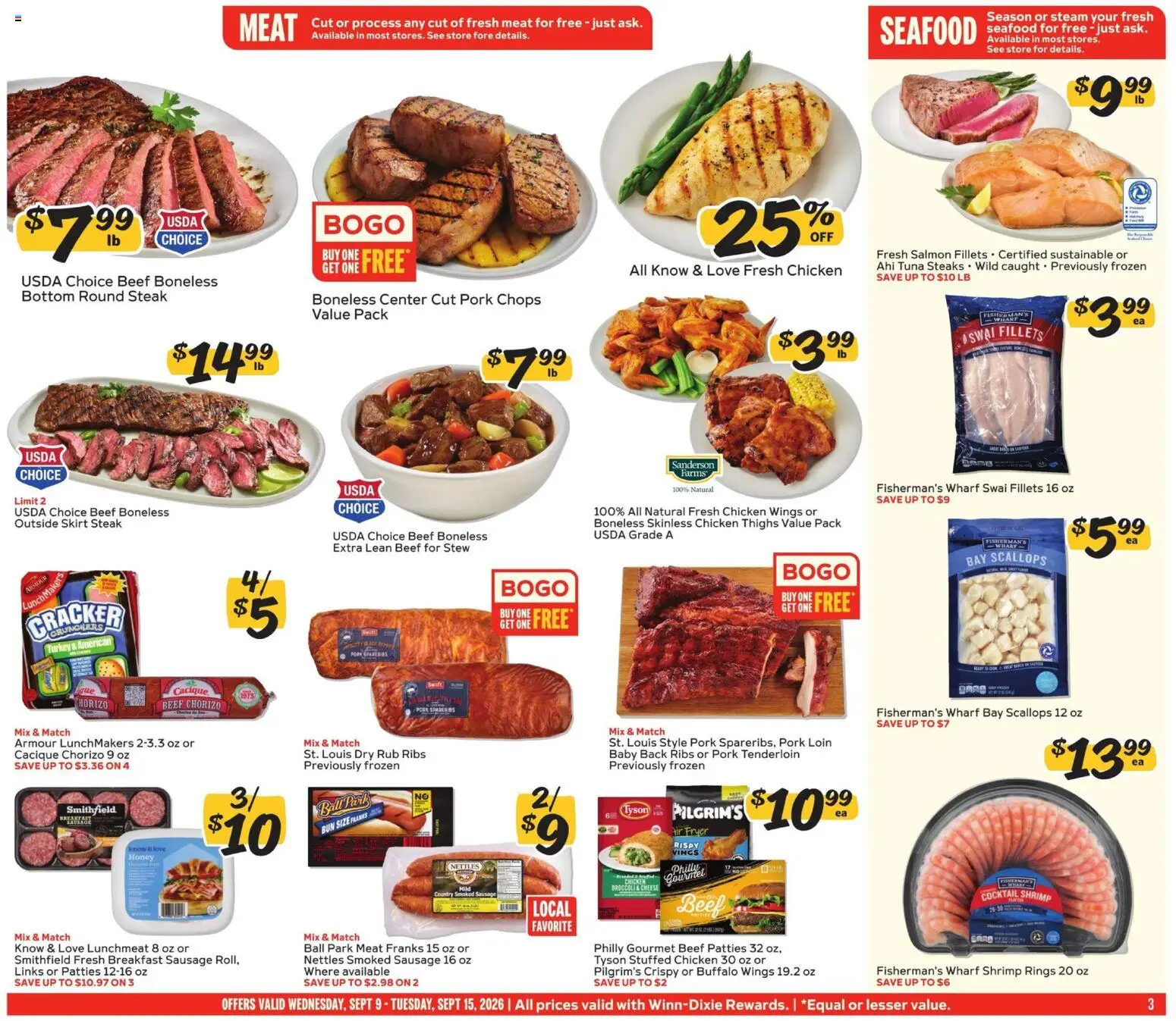 Winn Dixie Weekly Ad - valid from 09/09/2026 | Page: 3 | Products: Pork, Beef, Tuna, Fresh salmon