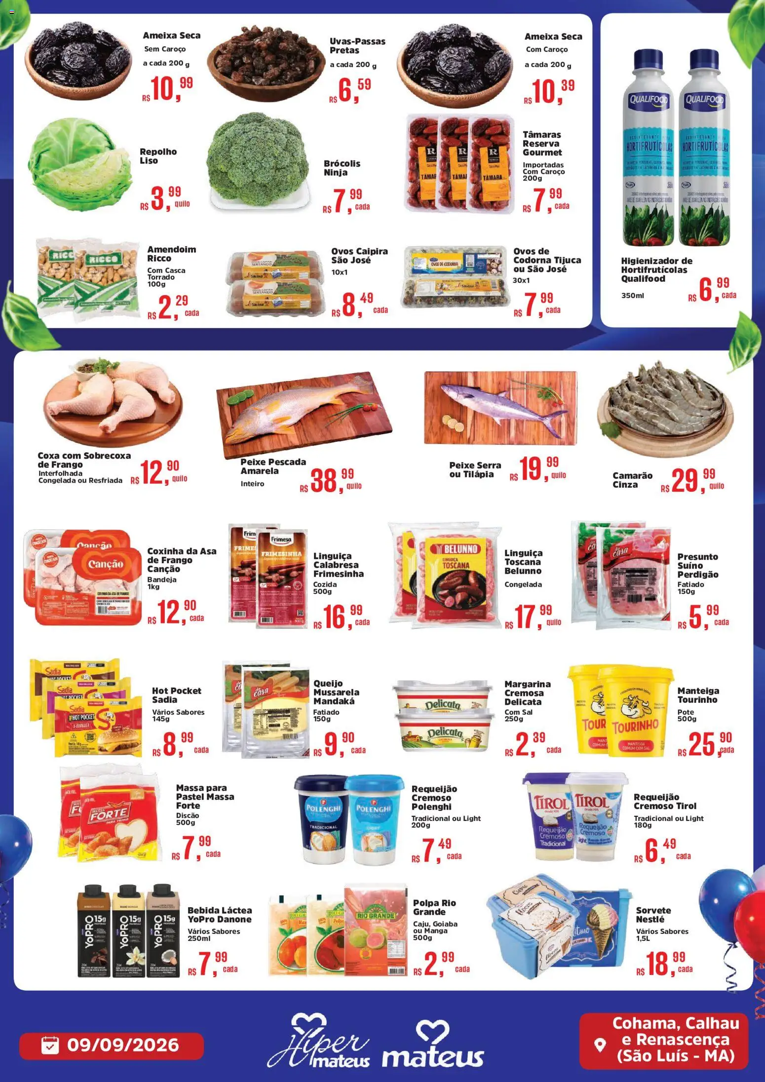 Mateus Folheto - válido de 09/09/2026 | Página: 2 | Produtos: Sobrecoxa de frango, Manteiga, Tilápia, Bandeja