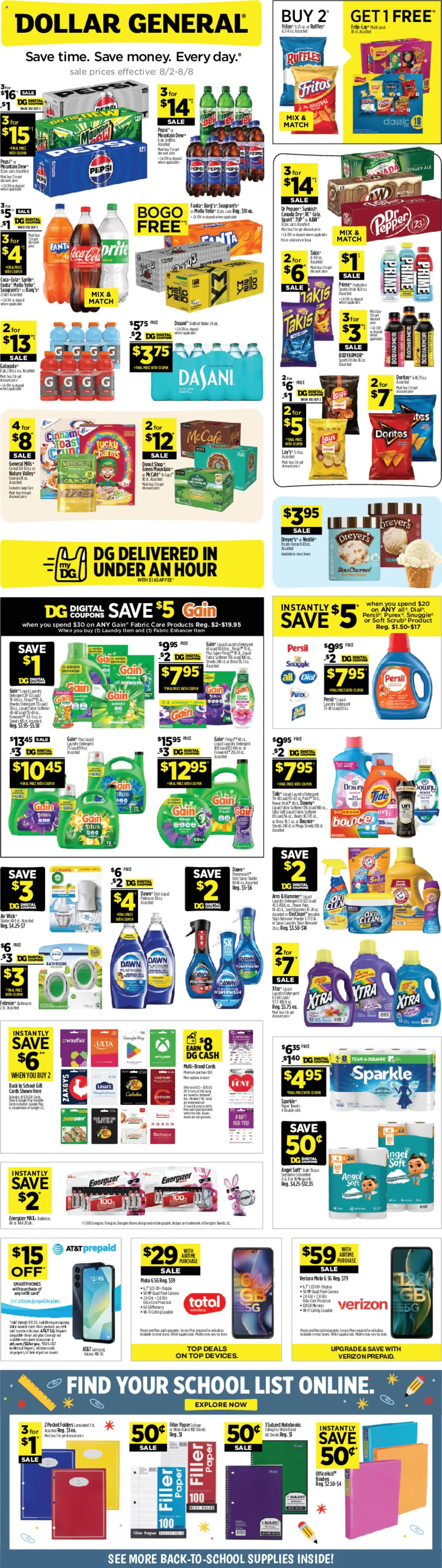 Dollar General Weekly Ad - valid from 08/02/2026 | Page: 1 | Products: Ginger, Fabric softener, Beef, Phone