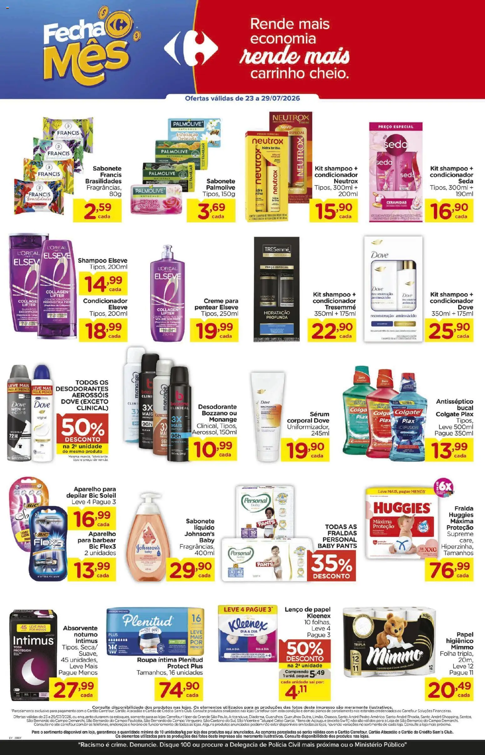 Carrefour Folheto - válido de 23/07/2026 | Página: 6 | Produtos: Carrinho, Fraldas, Dove, Absorvente