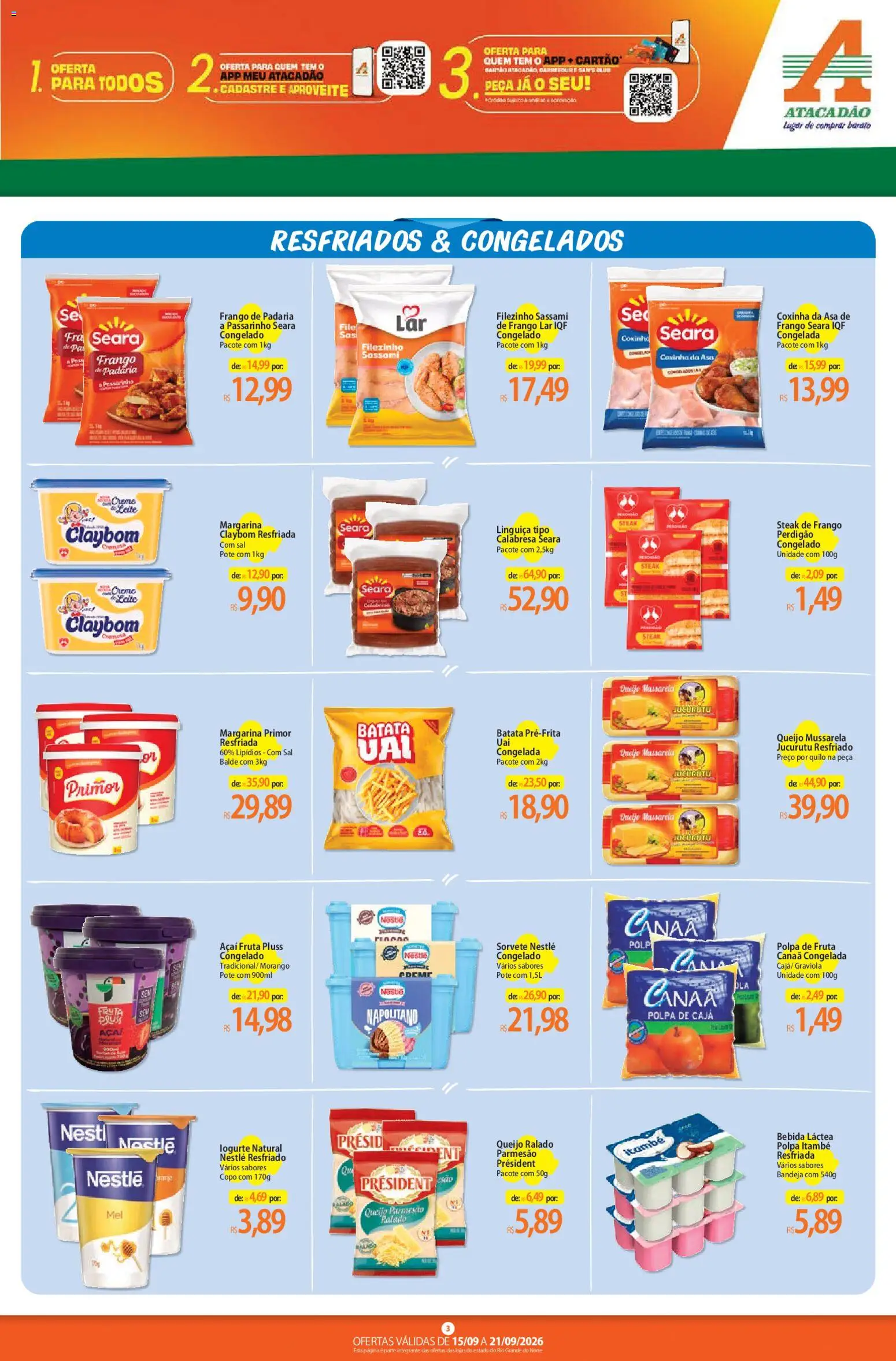 Atacadão Folheto - válido de 15/09/2026 | Página: 3 | Produtos: Steak, Leite, Sorvete, Sal