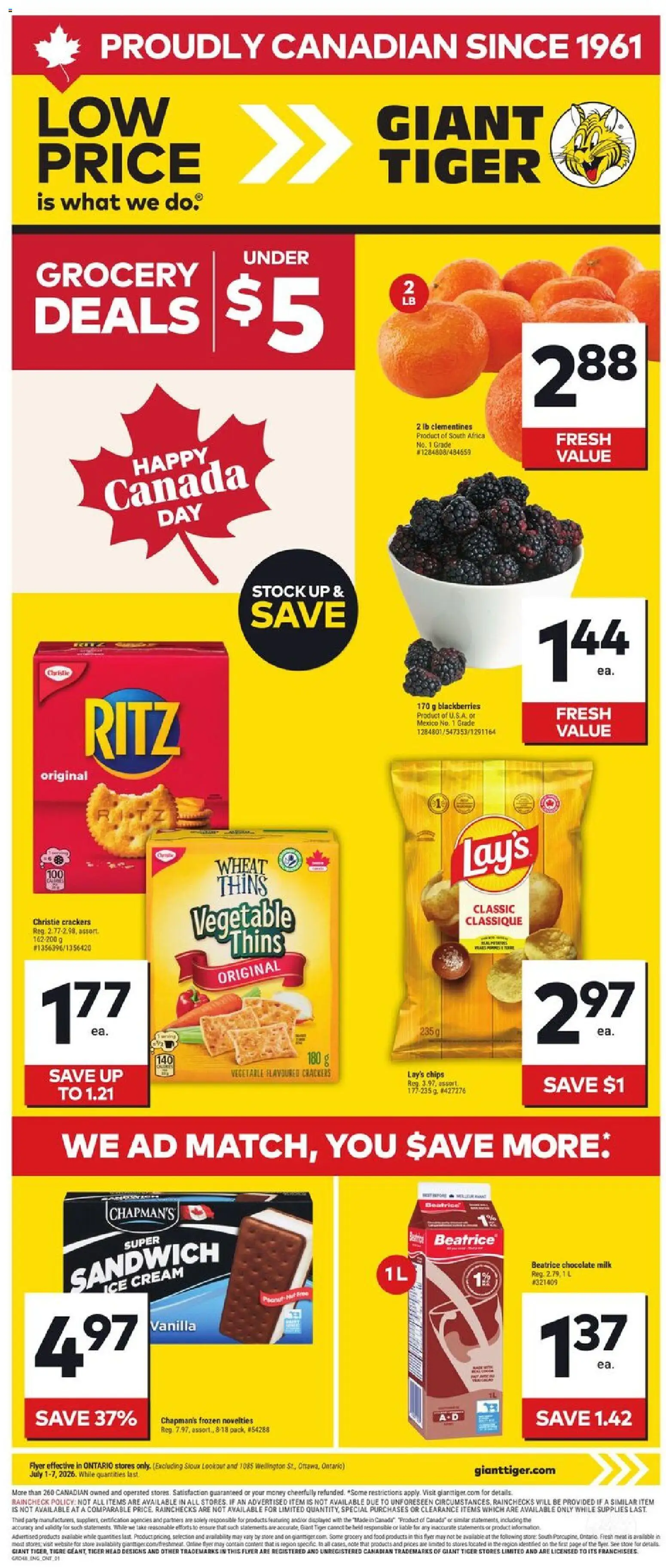 Giant Tiger flyer valid from Jul 1, 2026 | Page: 1 | Products: Chips, Cream, Milk, Chocolate