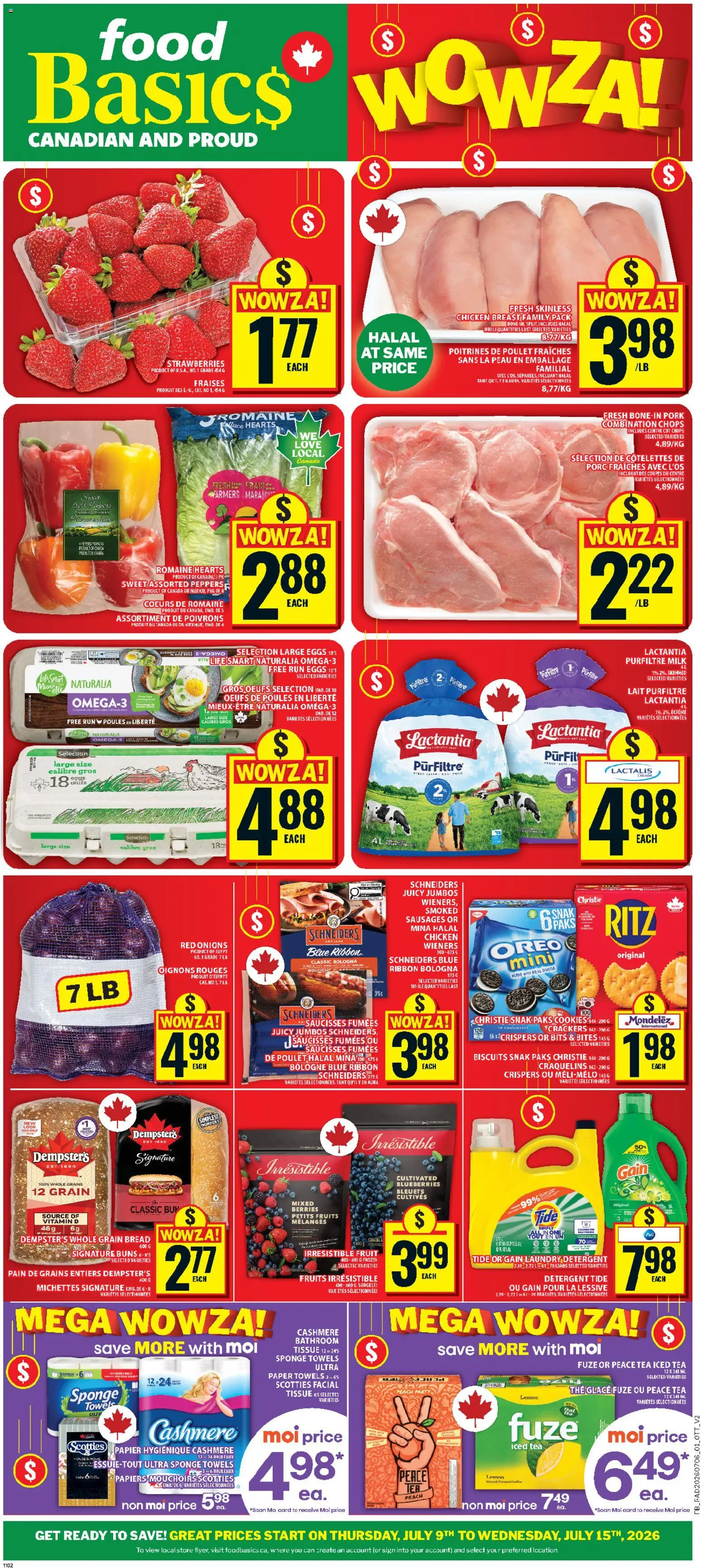 Food Basics flyer valid from Jul 9, 2026 | Page: 1 | Products: Strawberries, Milk, Bread, Chicken