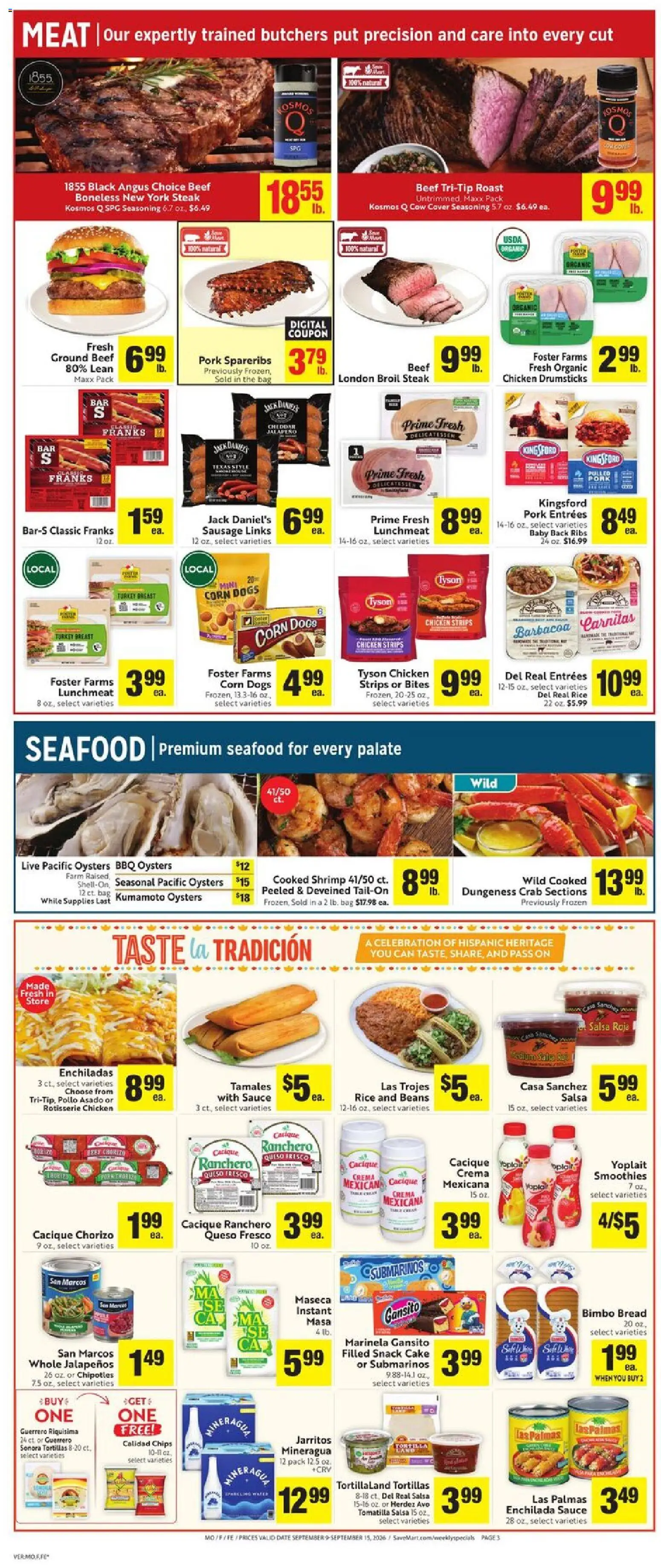 Save Mart Weekly Ad - valid from 09/09/2026 | Page: 3 | Products: Jack Daniel's, Chicken drumsticks, Beef, Sausage