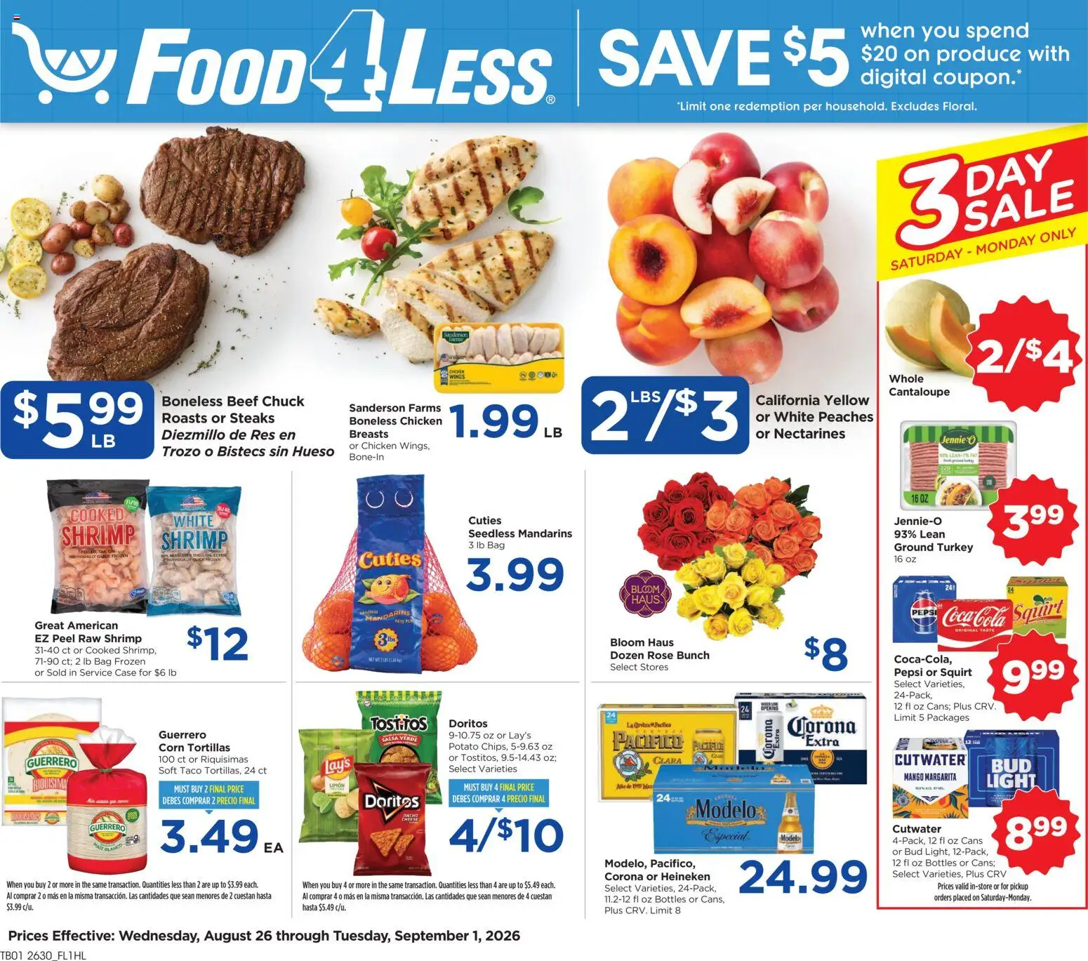 Food 4 Less Weekly Ad - valid from 08/26/2026 | Page: 1 | Products: Ground turkey, Heineken, Mango, Pepsi