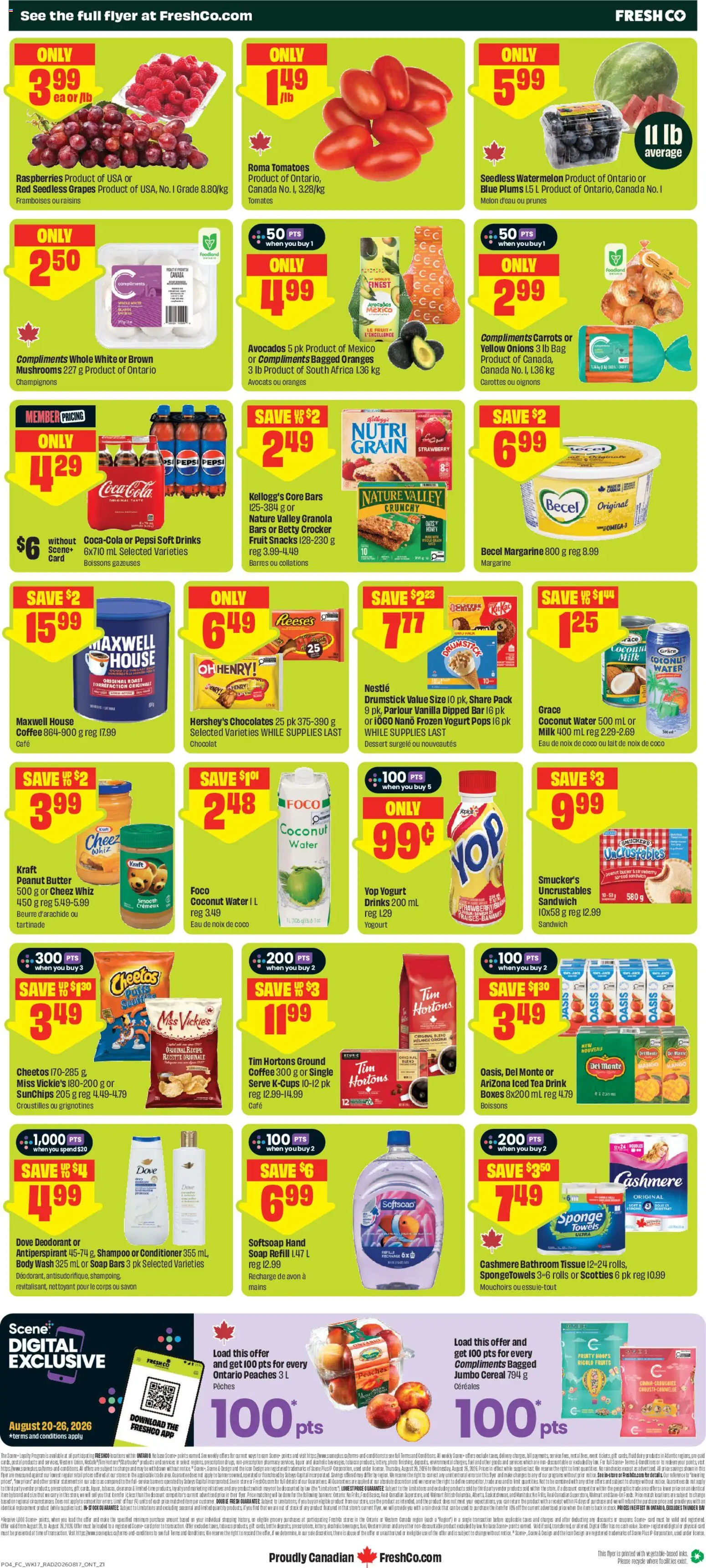 FreshCo flyer valid from Aug 20, 2026 | Page: 2 | Products: Body wash, Deodorant, Antiperspirant, Seedless watermelon