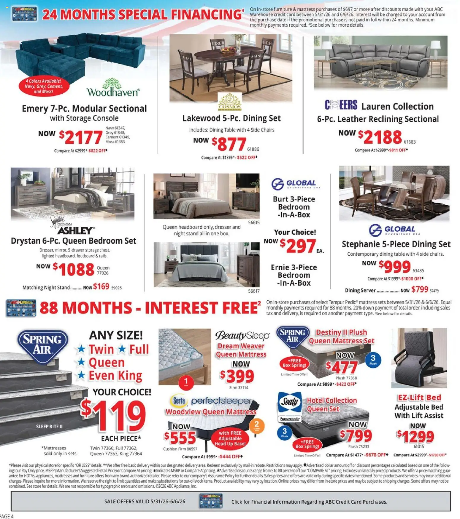 ABC Warehouse Weekly Ad - valid from 31.05.2026 | Page: 4 | Products: Mattress, Table, Sectional, Date