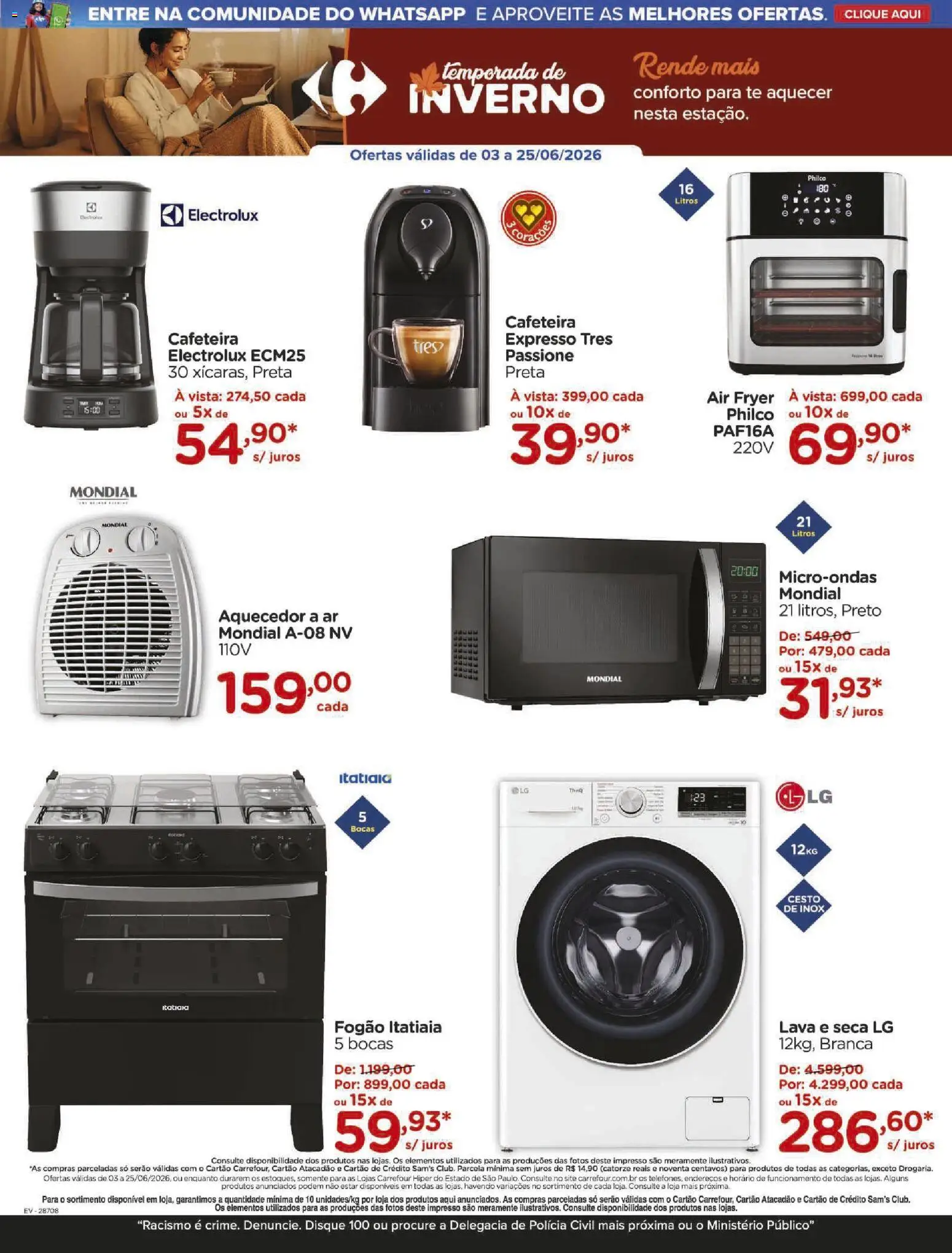 Carrefour Folheto - válido de 03.06.2026 | Página: 12 | Produtos: Fogão, Air fryer, Cafeteira, Lava e seca