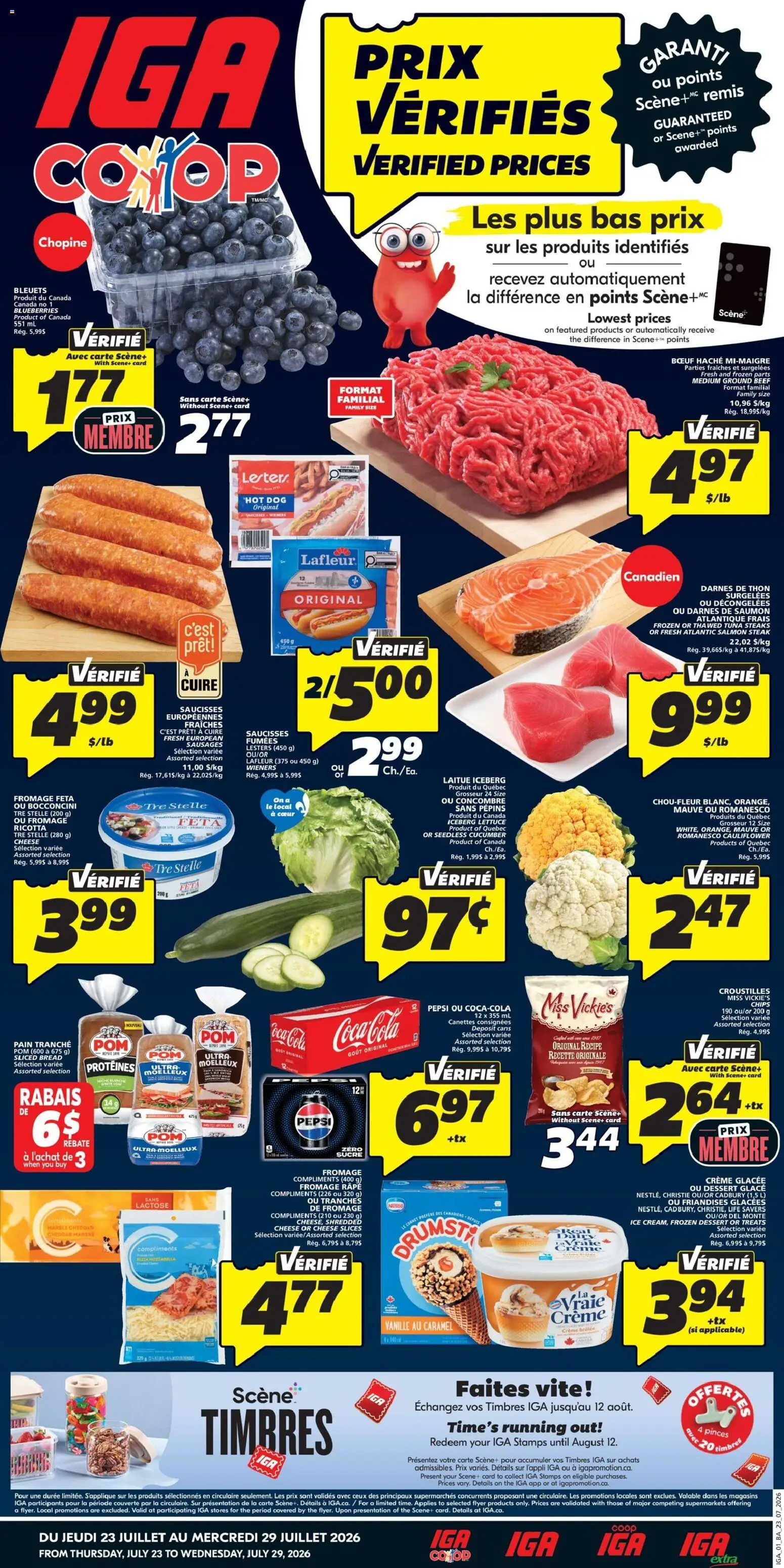IGA flyer valid from Jul 23, 2026 | Page: 1 | Products: Blueberries, Pepsi, Dessert, Bread