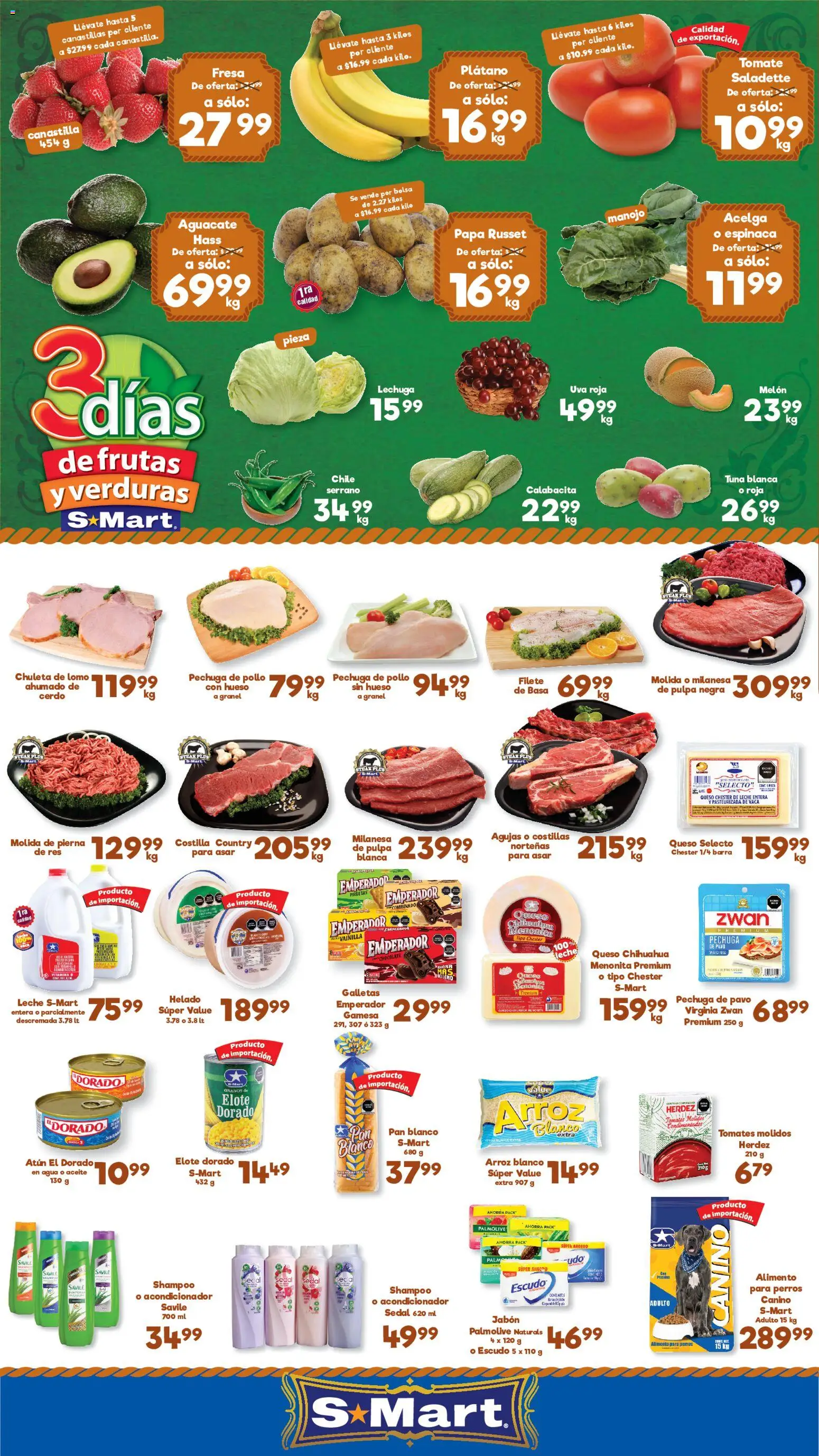 Nuevas ofertas de S-Mart válidas en toda la República Mexicana desde el 28/07/2026. ¡Encuentra las mejores ofertas en S-Mart folleto Monterrey! | Página: 1 | Productos: Acelga, Papa, Aceite, Galletas