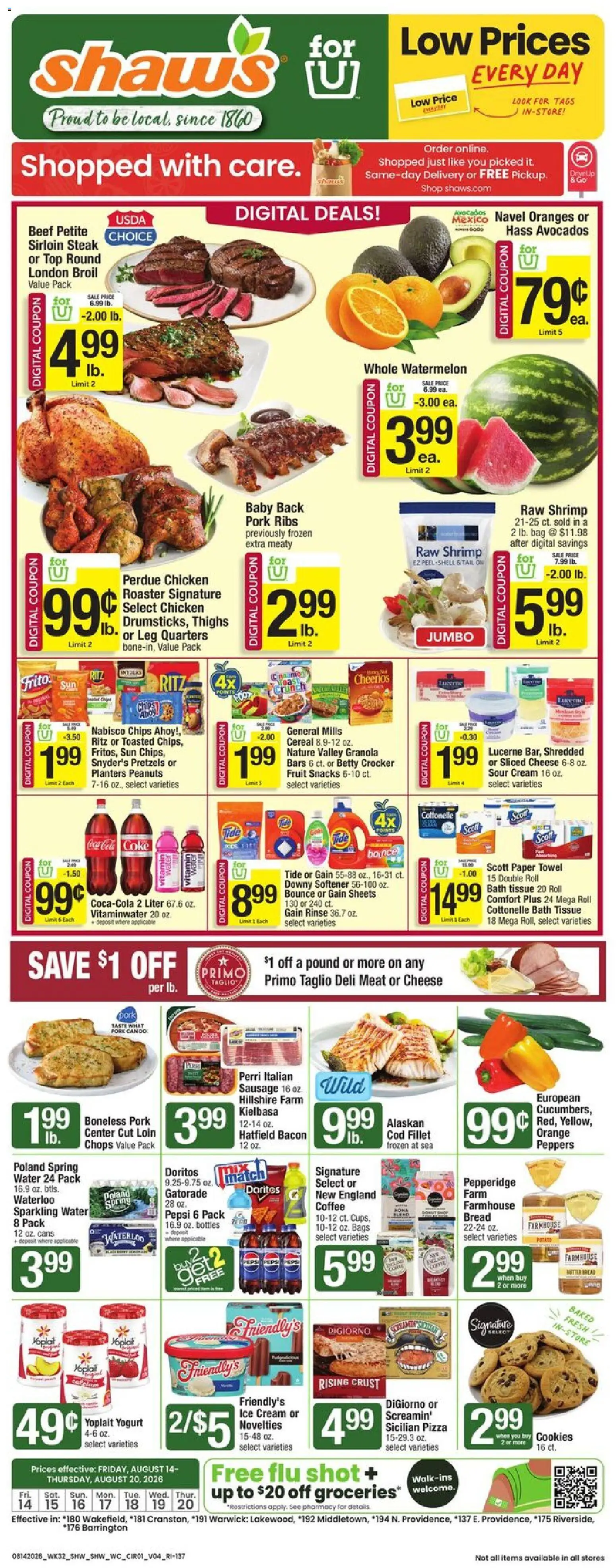 Shaw's Weekly Ad - RI - valid from 08/14/2026 | Page: 1 | Products: Shrimp, Bath, Coffee, Pork