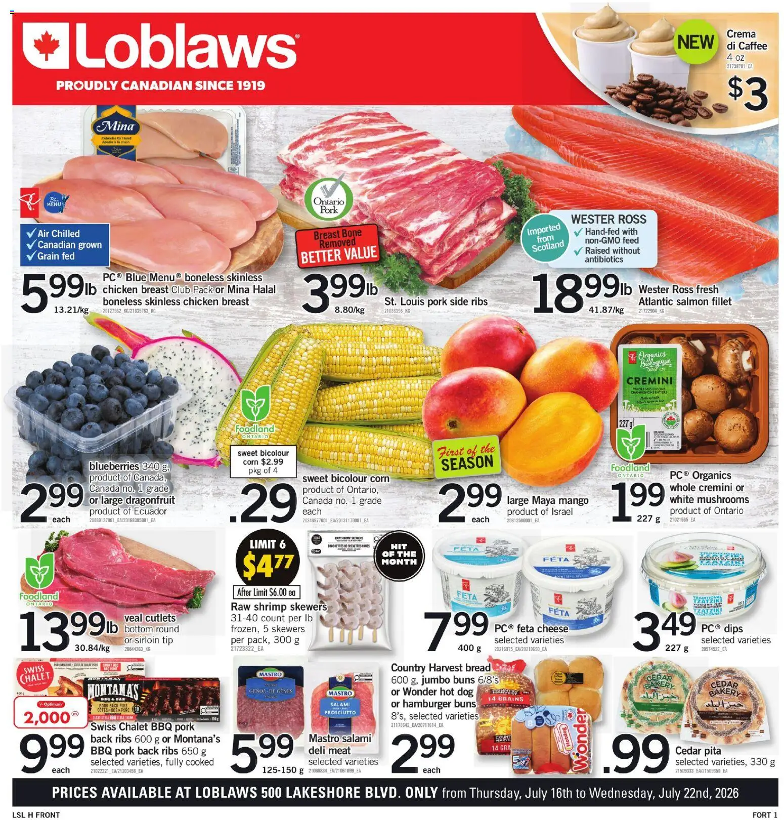 Loblaws flyer valid from Jul 16, 2026 | Page: 1 | Products: Yogurt, Bread, Salami, Chicken