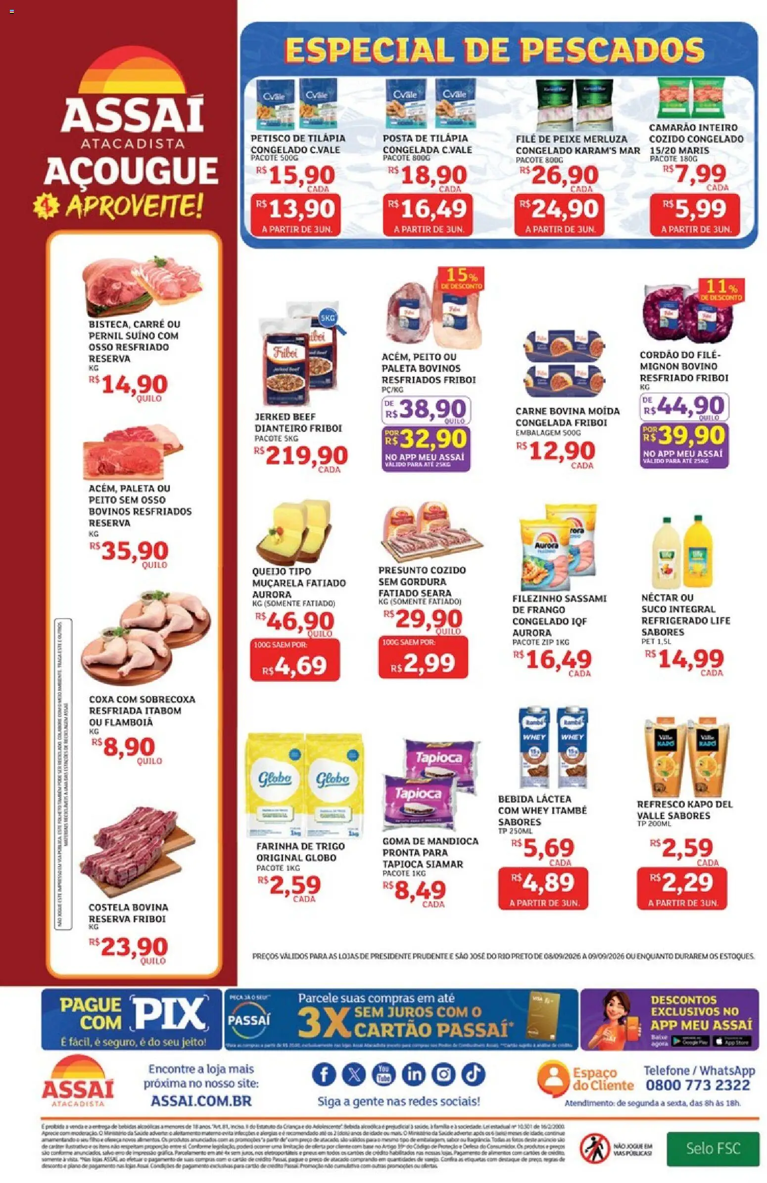 Assaí Atacadista Folheto - válido de 08/09/2026 | Página: 2 | Produtos: Mandioca, Farinha de trigo, Costela bovina, Tilápia