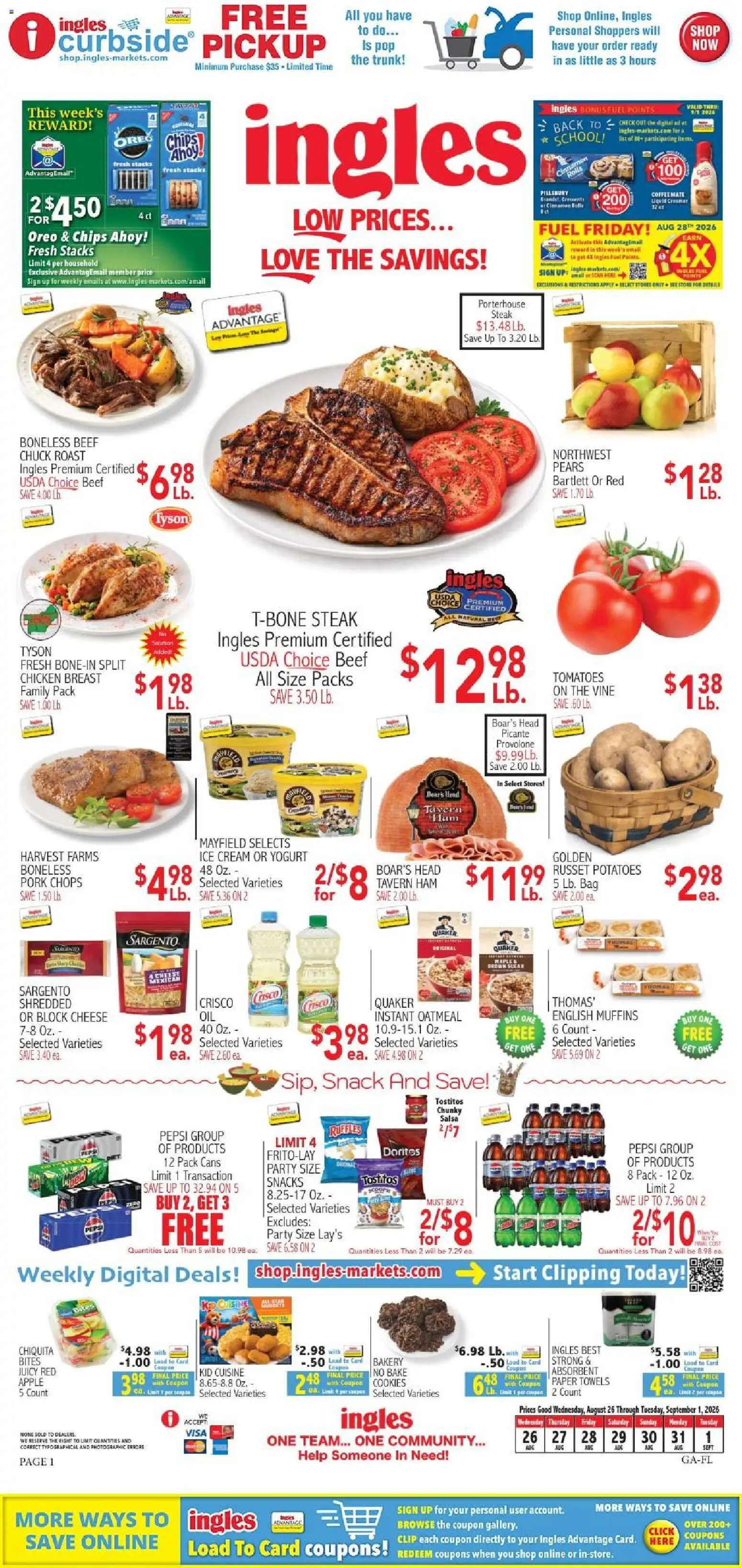 Ingles Weekly Ad - valid from 08/26/2026 | Page: 1 | Products: Potatoes, Sugar, Snacks, Pears