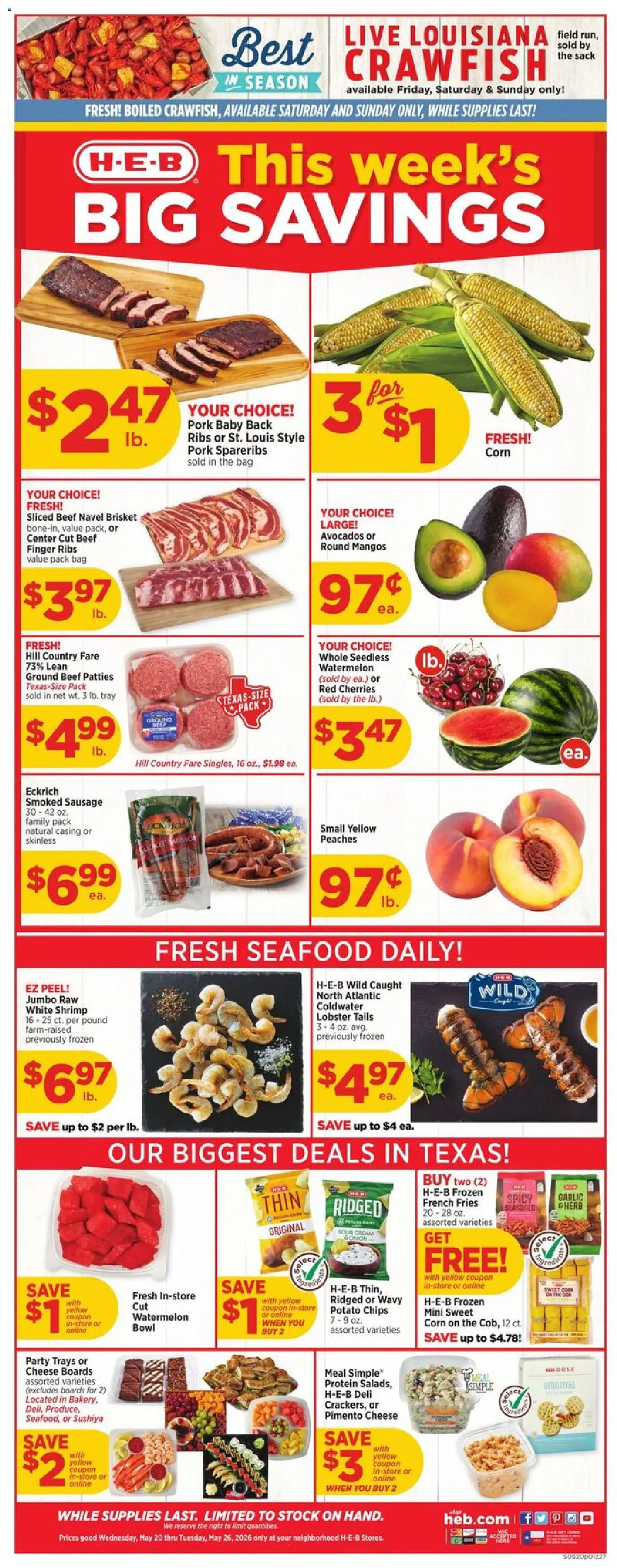 H-E-B Weekly Ad - valid from 20.05.2026 | Page: 1 | Products: Corn, Cherries, Chips, Watermelon