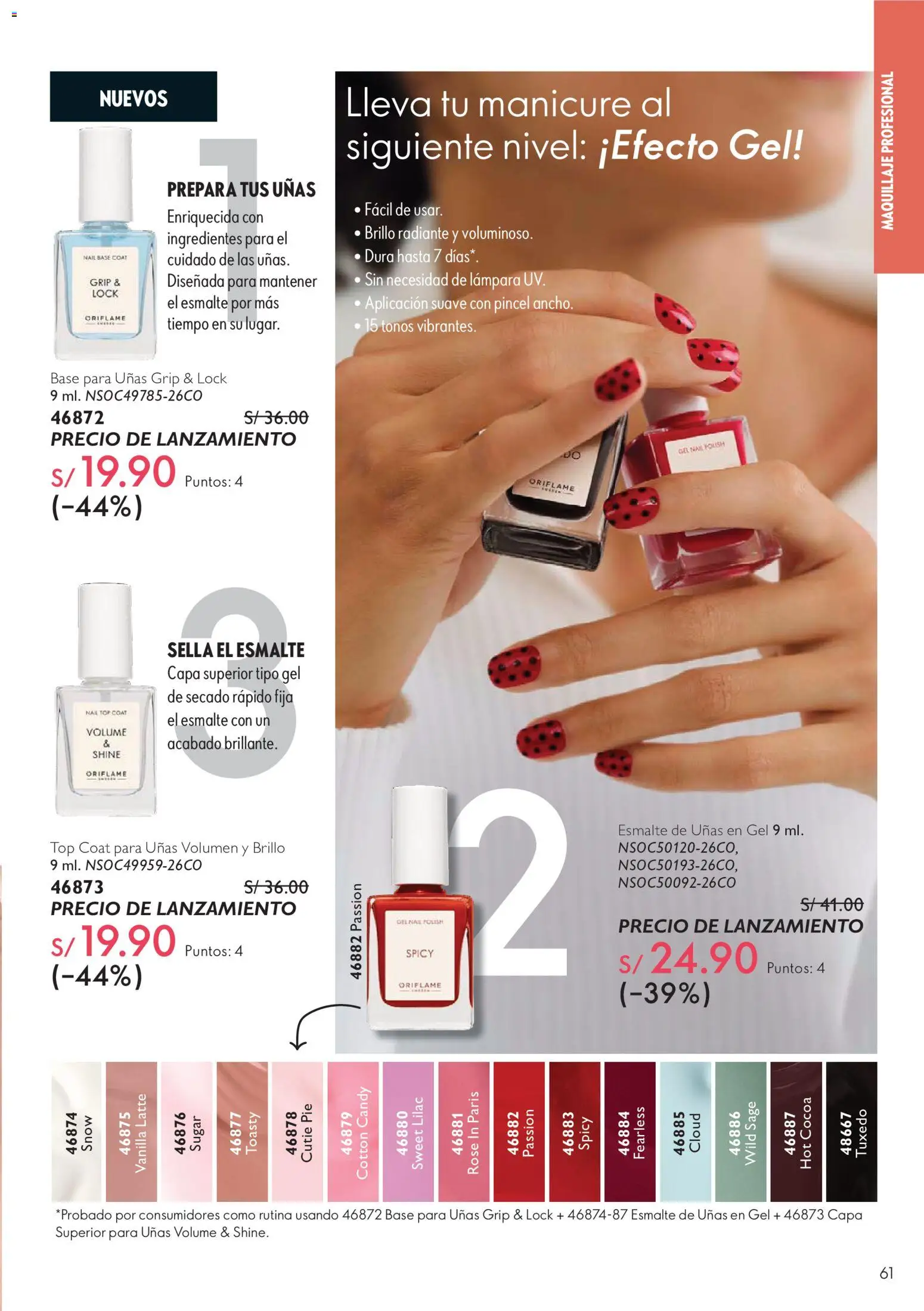 Catálogo Oriflame válido desde 12/09/2026 | Página: 61 | Productos: Esmalte de uñas, Pincel, Lámpara, Ingredientes