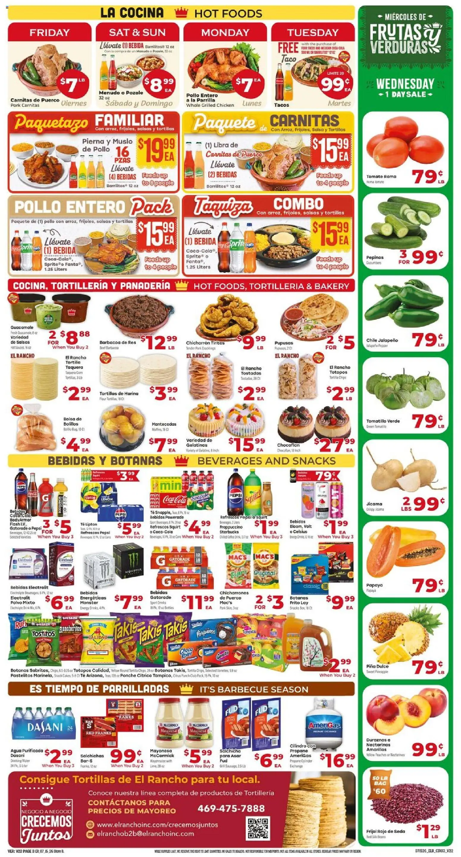 El Rancho Weekly Ad - valid from 07/15/2026 | Page: 3 | Products: Peaches, Cucumbers, Sausage, Grill